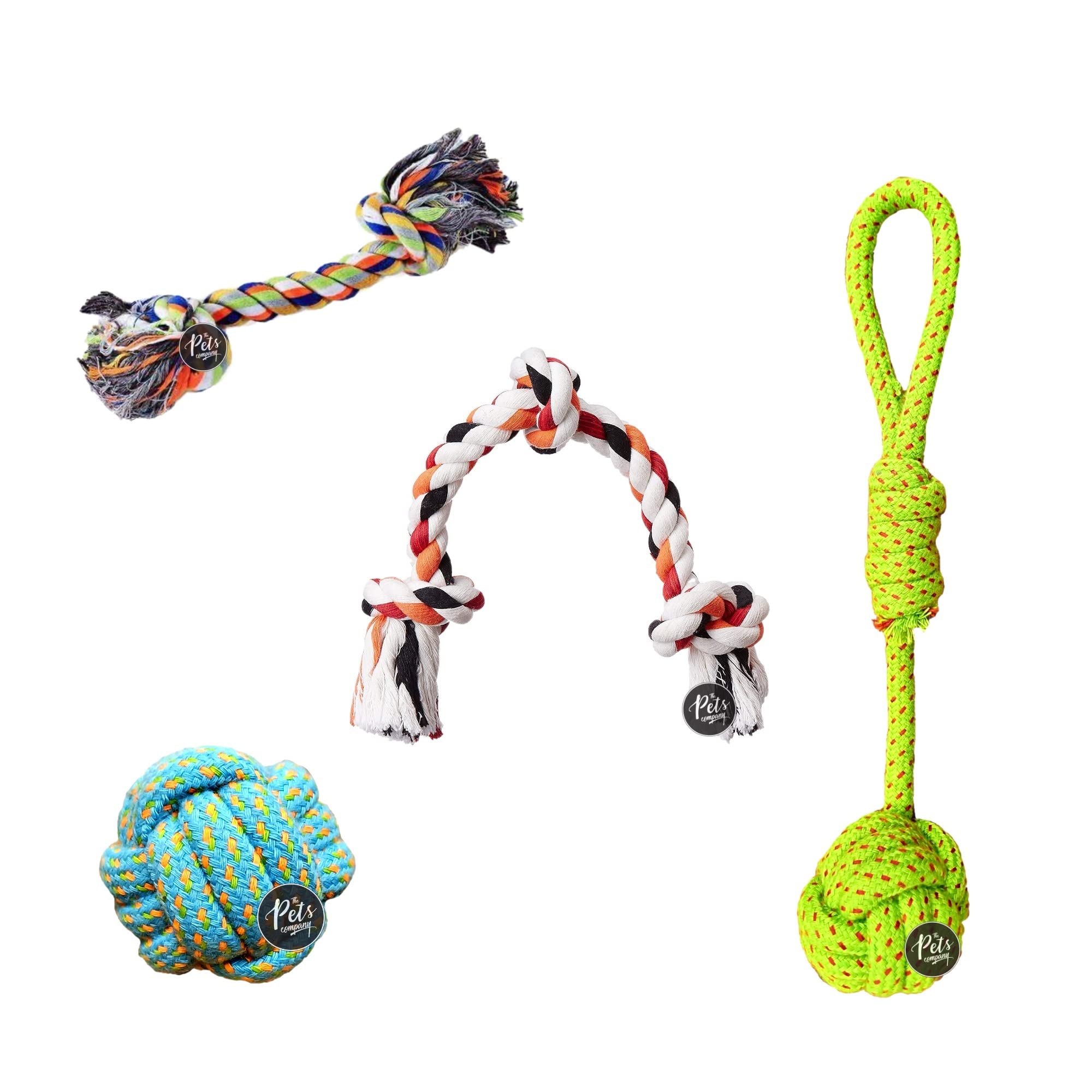 The Pets Company Dog Chew Toys For Puppy Teething & Training (3 Knot + 2 Knot + Ball + Tug Knot), Dog Rope Toy Combo Of 4 For Sm