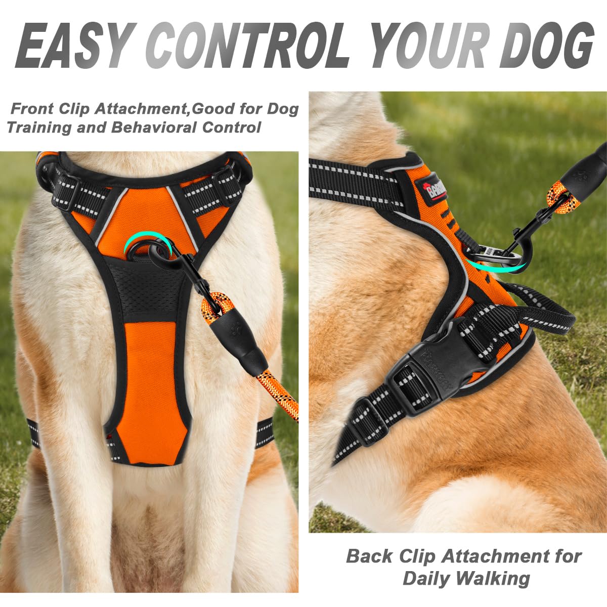 Barkbay No Pull Dog Harness Front Clip Heavy Duty Reflective Easy Control Handle For Large Dog Walking(Orange,S)