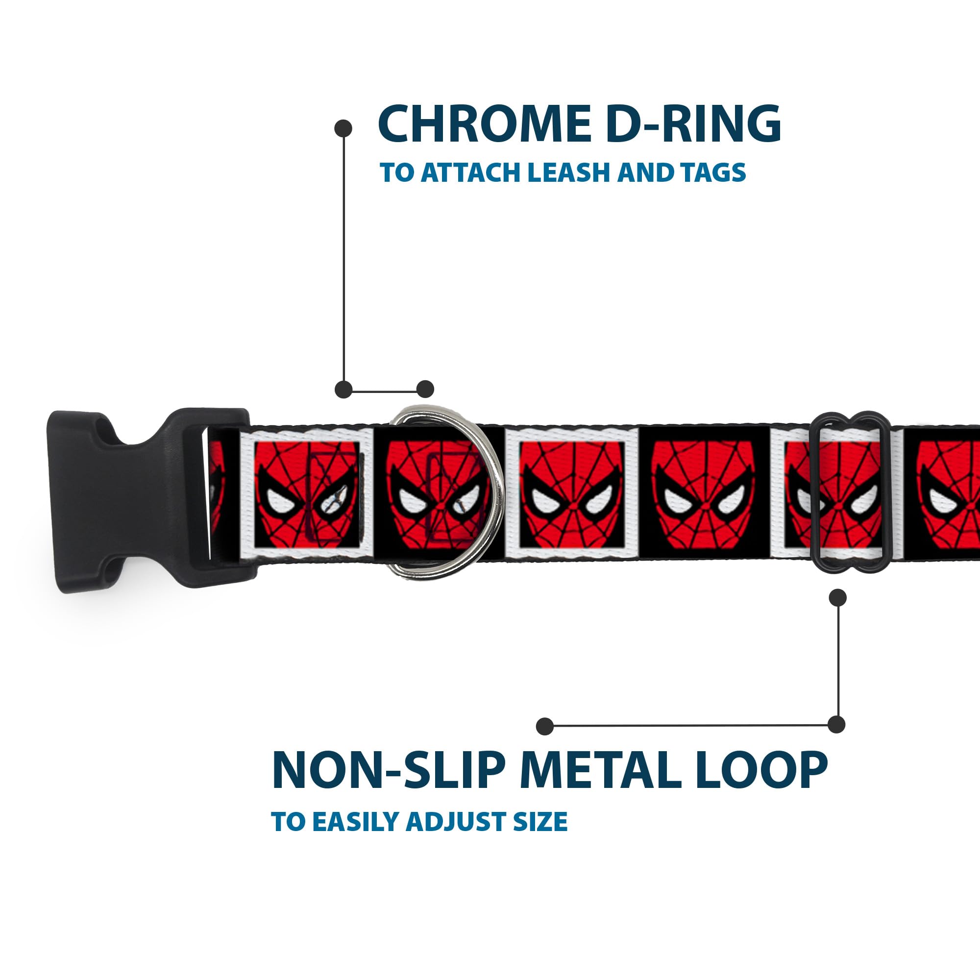 Dog Collar Plastic Clip Spider Man Face Black White Blocks 9 To 15 Inches 0.5 Inch Wide