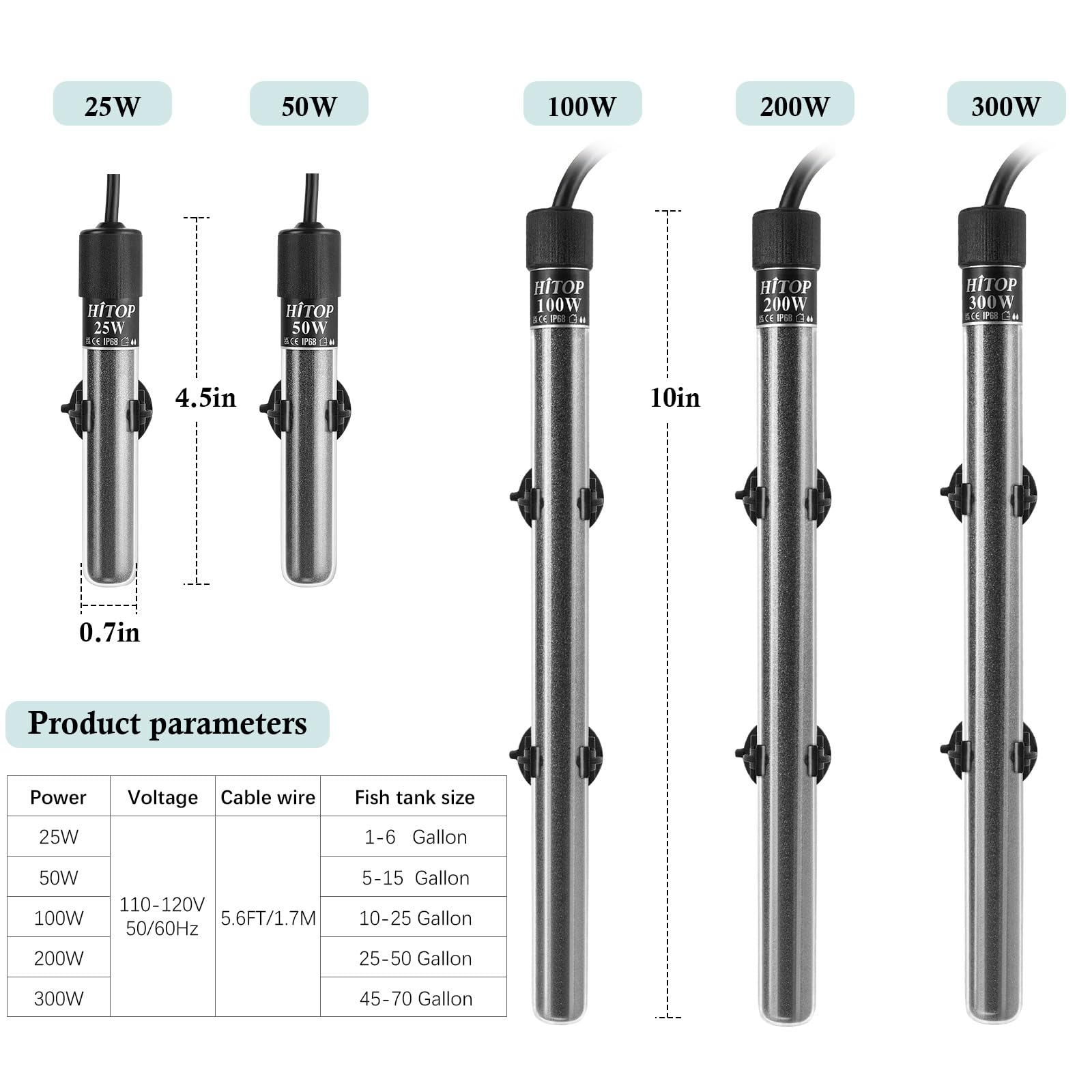 Hitop Mini Submersible Aquarium Heater - 25W 50W 100W 200W 300W Small Heater For Fish Tank 1-70 Gallon With Controller (25W)