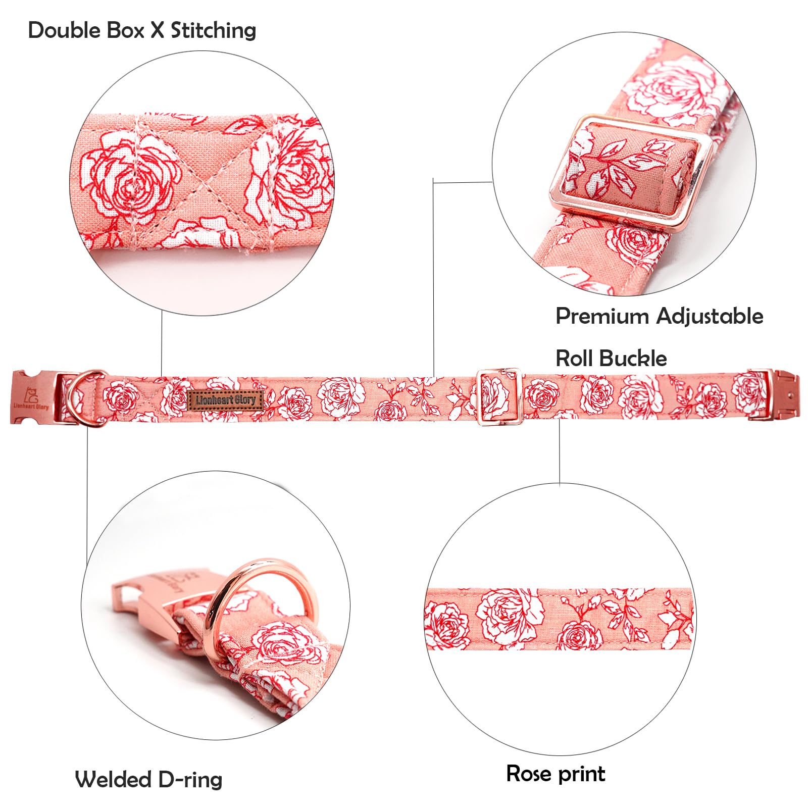 Lionheart Glory Valentine'S Day Collar, Pink Roses Print Dog Collar For Large Cute Dog Collars Spring Female Pet Gift Adjustable