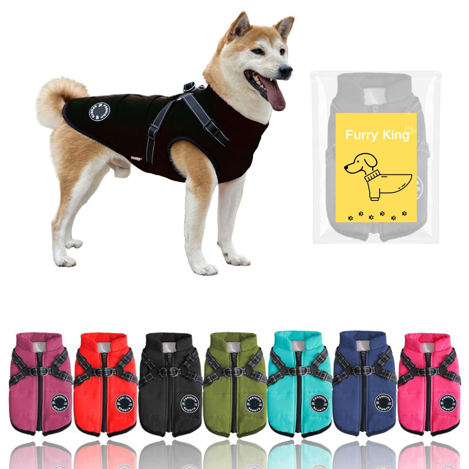 Furry King Dog Winter Coat With Harness, 7 Colors, Waterproof, Fleece Lined. (Black, 4Xl)