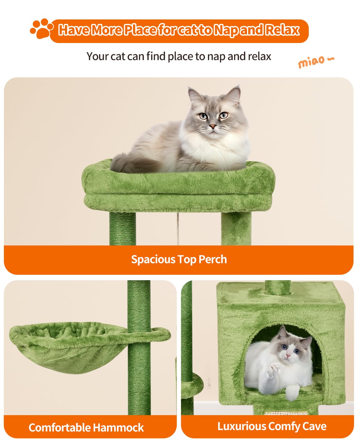 Fish&Nap Cute Cat Tree Kitten Cat Tower For Indoor Cat Condo Sisal Scratching Posts With Jump Platform Cat Furniture Activity Center Play House Green