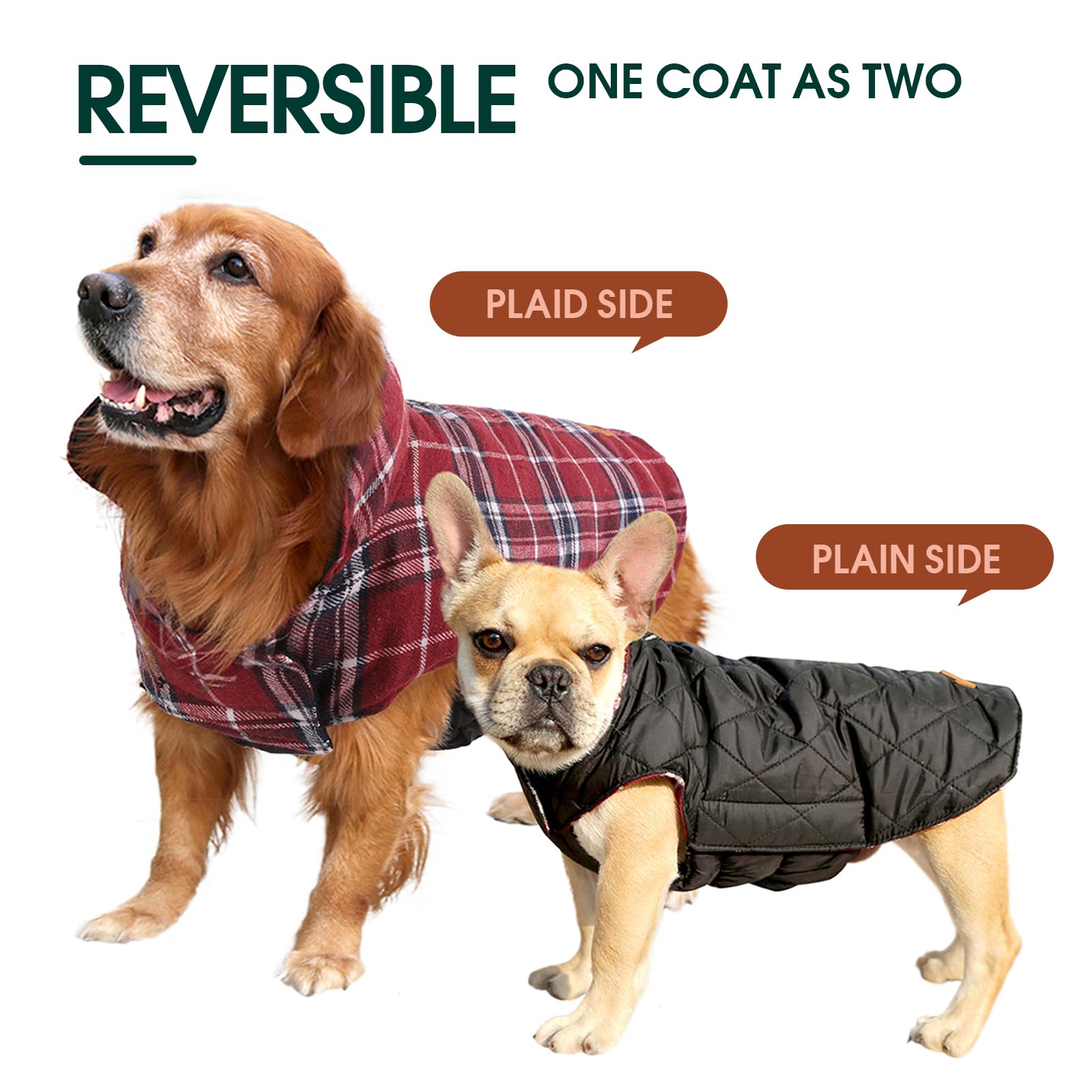 Kuoser Warm Dog Coat, Reversible Dog Jacket Waterproof Dog Winter Coat British Style Plaid Dog Clothes Pet Dog Cold Weather Coats Cozy Snow Jacket Vest For Small Medium Large Dogs Red 3Xl