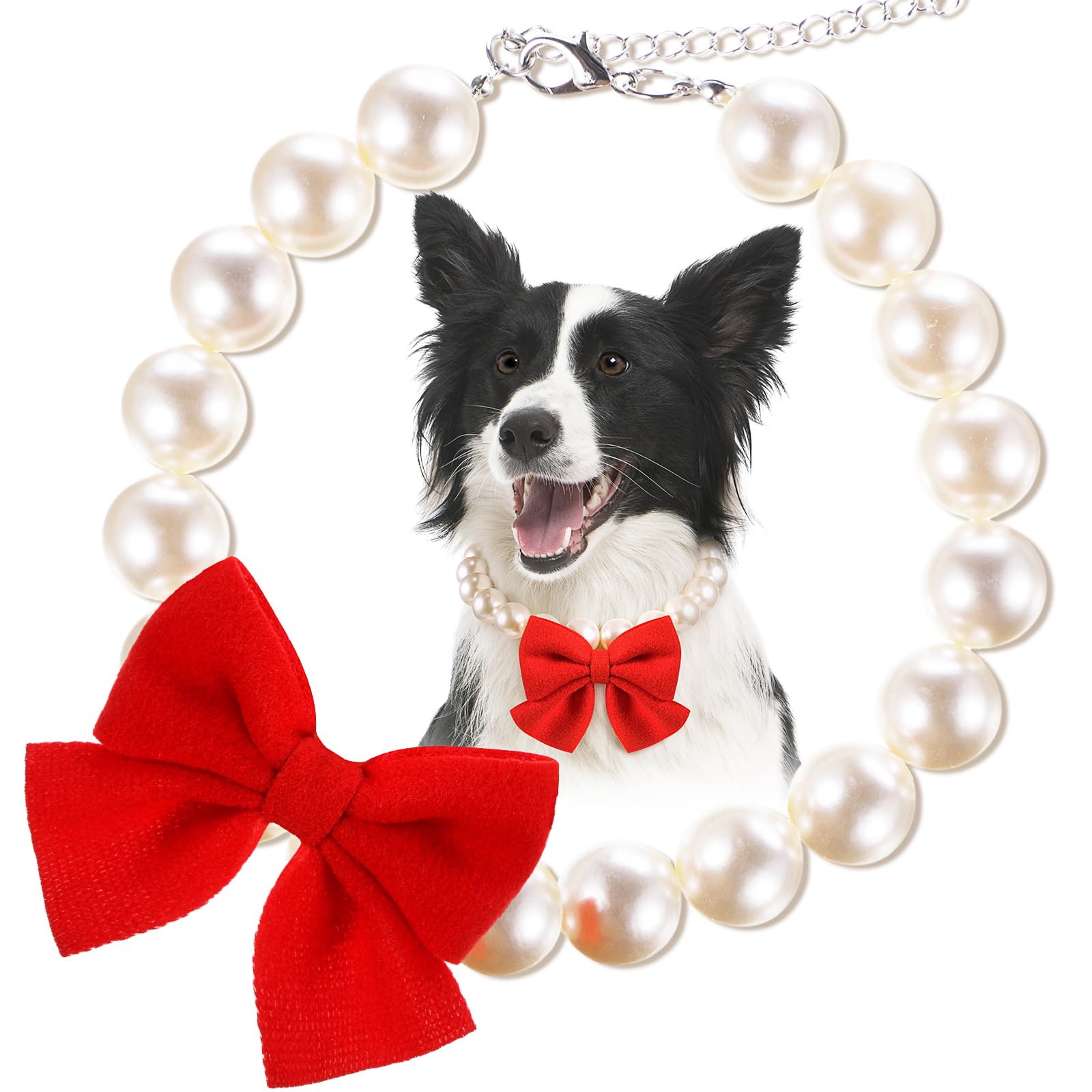 Leifide Chunky Pearl Dog Necklace With Red Bow 20Mm Large Bead Big Pearl Puppy Collar Collar Adjustable Necklace Jewellery Acces