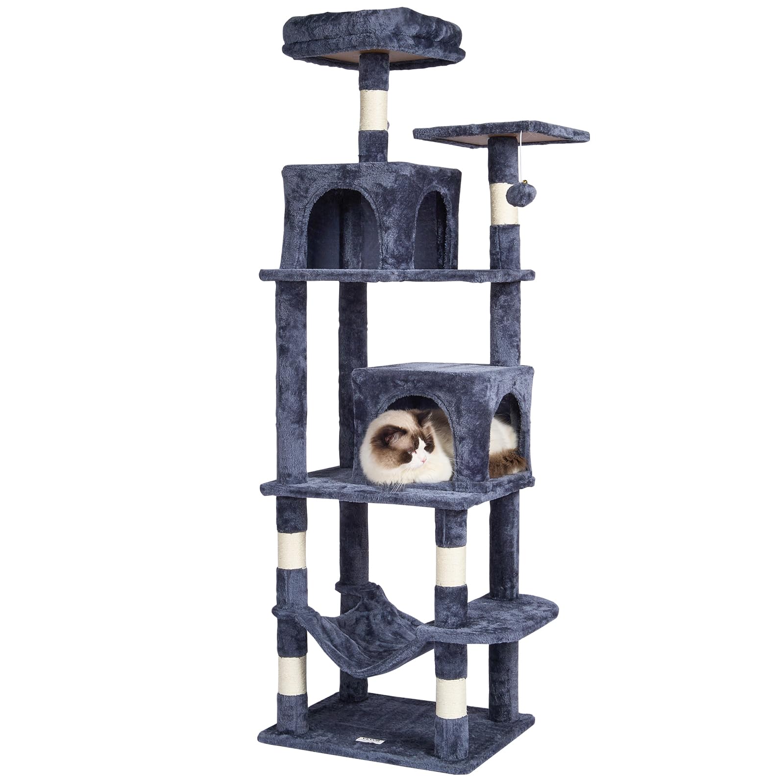 VEVOR Cat Tree 63 Cat Tower with 2 Cat Condos Sisal Scratching Post Light Grey