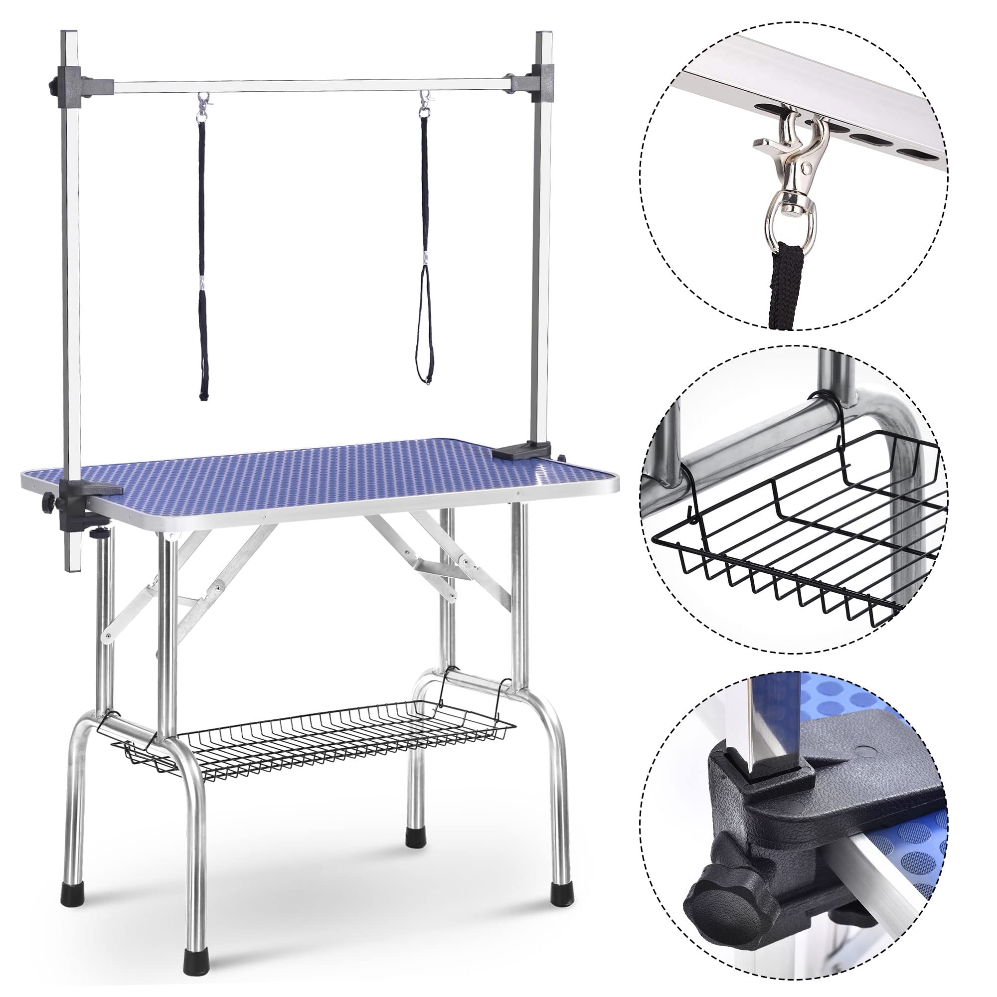 Rhomtree Professional 46' Adjustable Pet Grooming Table Heavy Duty With Arm & Nosse & Mesh Tray For Large Dog Cat Shower Table Bath Station, Maximum Capacity Up To 330 Lbs (46 Inch)