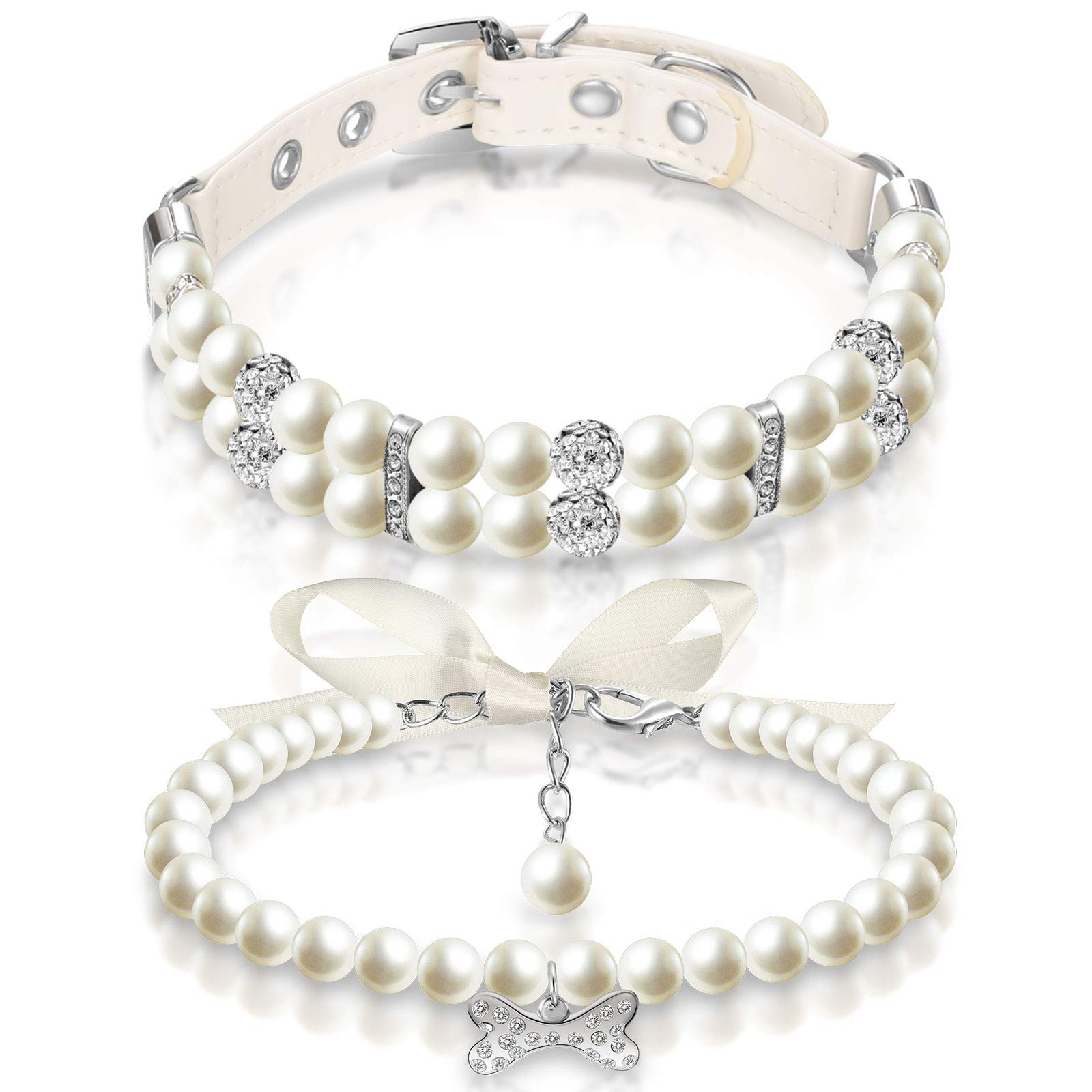 Hicarer 2 Pieces Small Dog Cat Pearl Collars And Pet Pearl Necklace Set Cute Fashion Pet Pu Leather Collars Necklace With Crysta