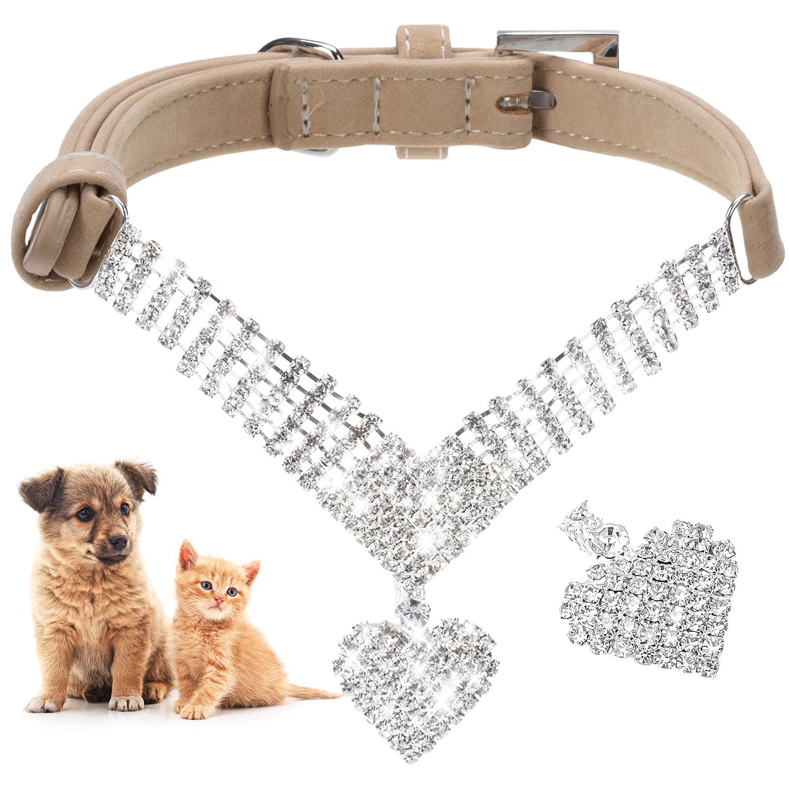 Expawlorer Cute Dog Necklace - Rhinestone Dog Collar, Soft Velvet Collar For Girl Boy Cats Dogs, Sparkling Pet Neck Decoration, Adjustable Pet Collar For Puppies Cats Small Medium Dogs, Brown S