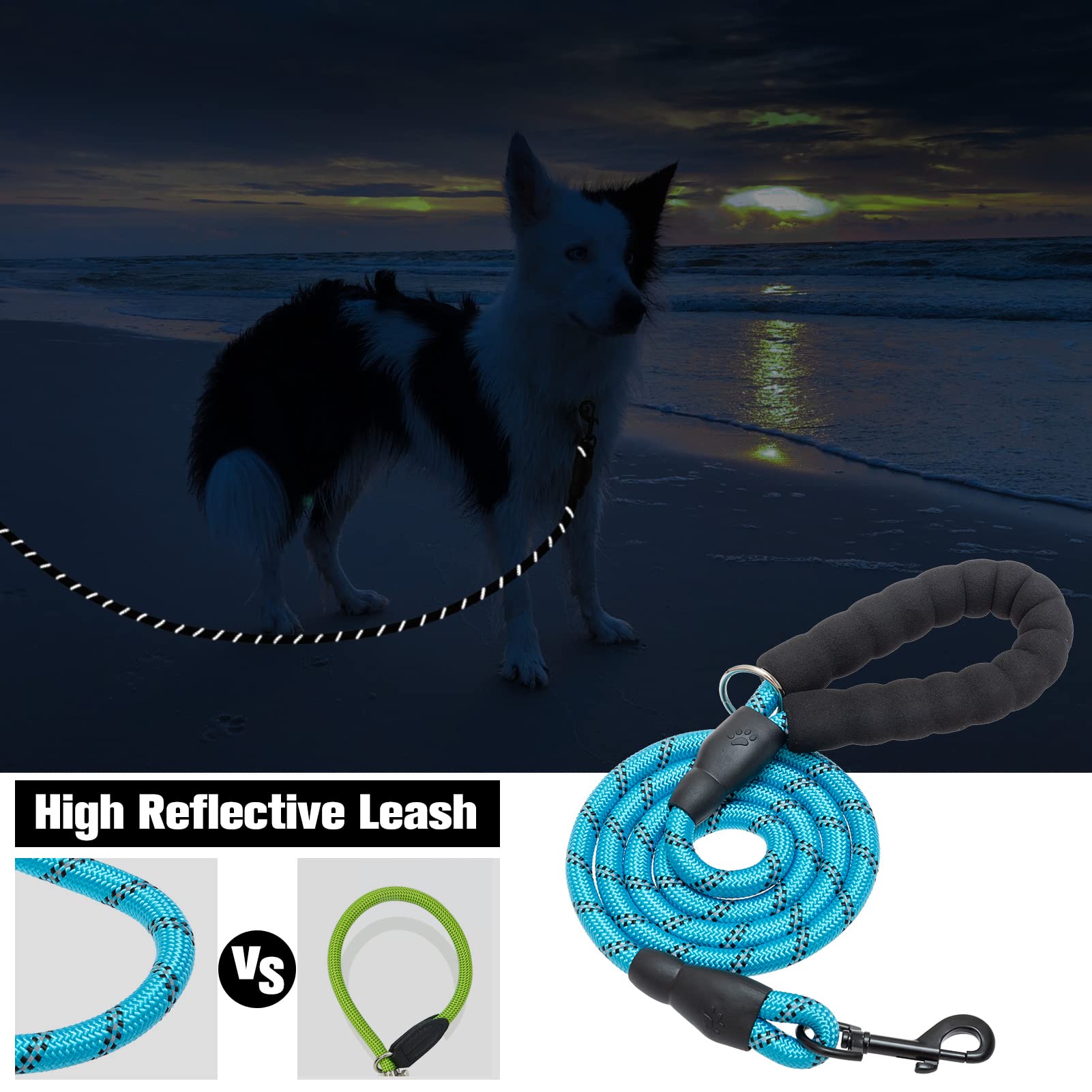 Beautyzoo Heavy Duty Rope Dog Leash 6 Pack, 6Ft Nylon Pet Leash With Reflective Thread, Soft Padded Handle Thick Lead Leash For