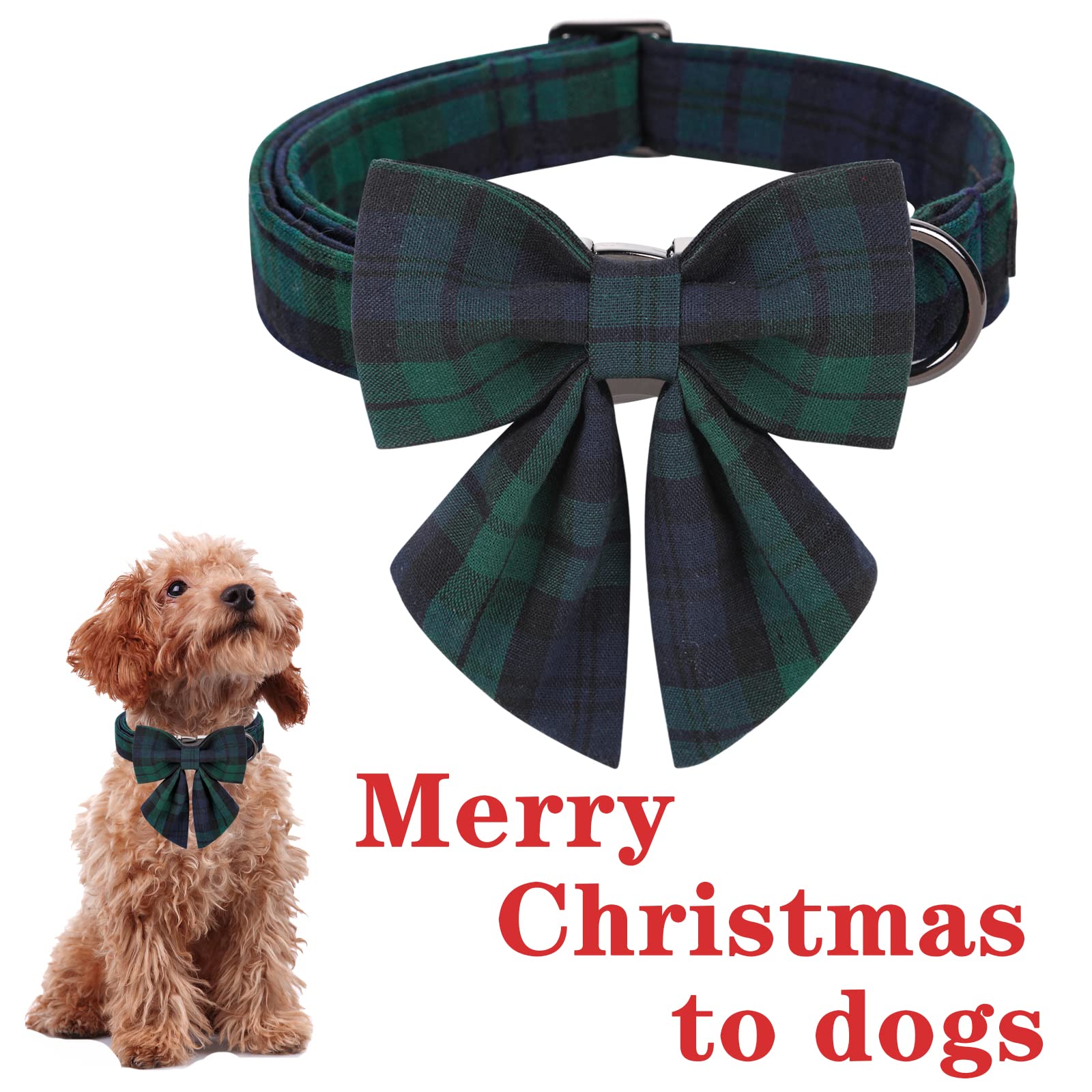 Unique Style Paws Christmas Dog Collar With Bow Tie Green Plaid Puppy Collar For Small Medium Large Dogs As Autumn Winter Pet Gifts-L