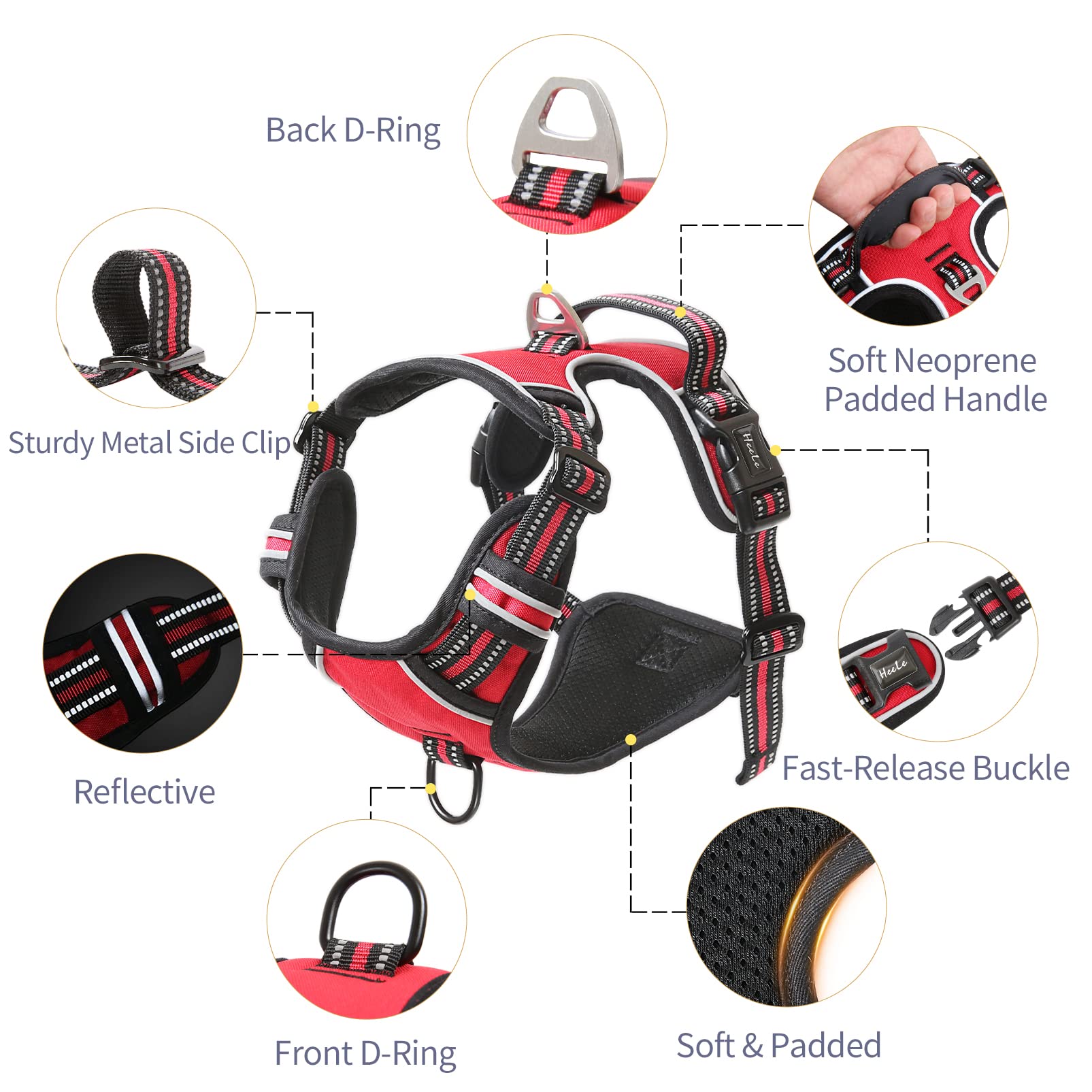 Heele Dog Harness, No Pull Adjustable Padded Reflective Harness For Small Medium Large Dogs With Handle For Walking Training, Re
