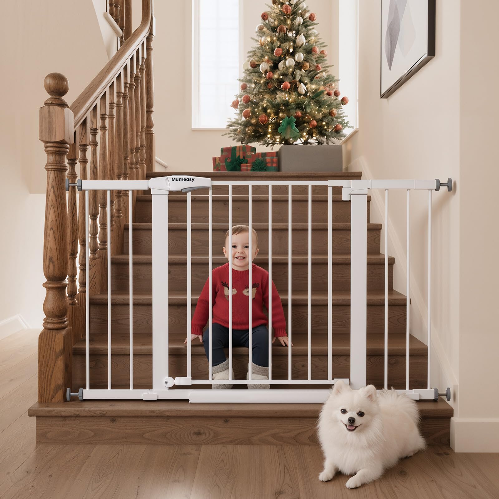 Mumeasy 29.7-48 Baby Gate for Stairs, Dog Gate for Doorways, Auto Close Child Gate, Indoor Safety Pet Gate with Walk Thru Door, 