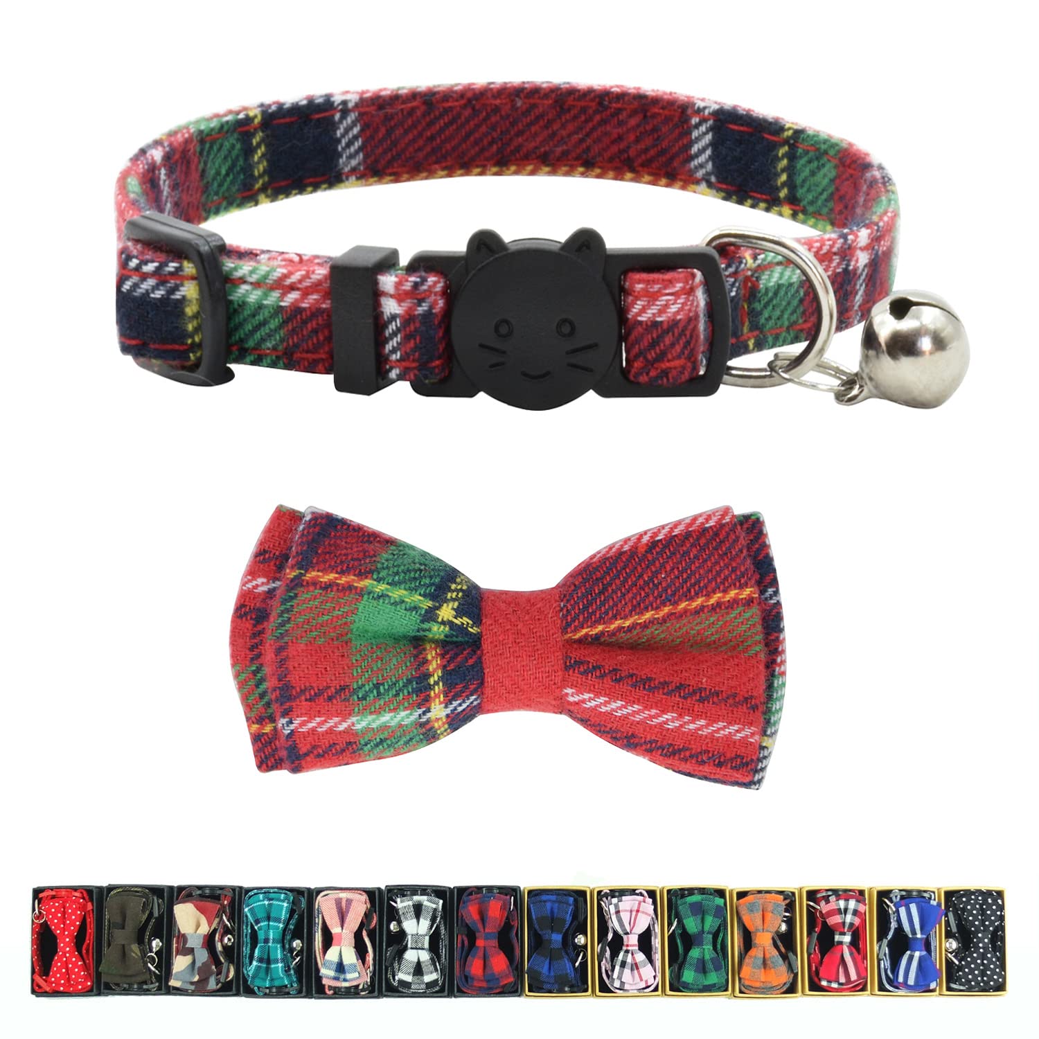 Cat Collar Breakaway With Bell And Bow Tie, Plaid Design Adjustable Safety Kitty Kitten Collars(6.8-10.8In) (Christmas Red)