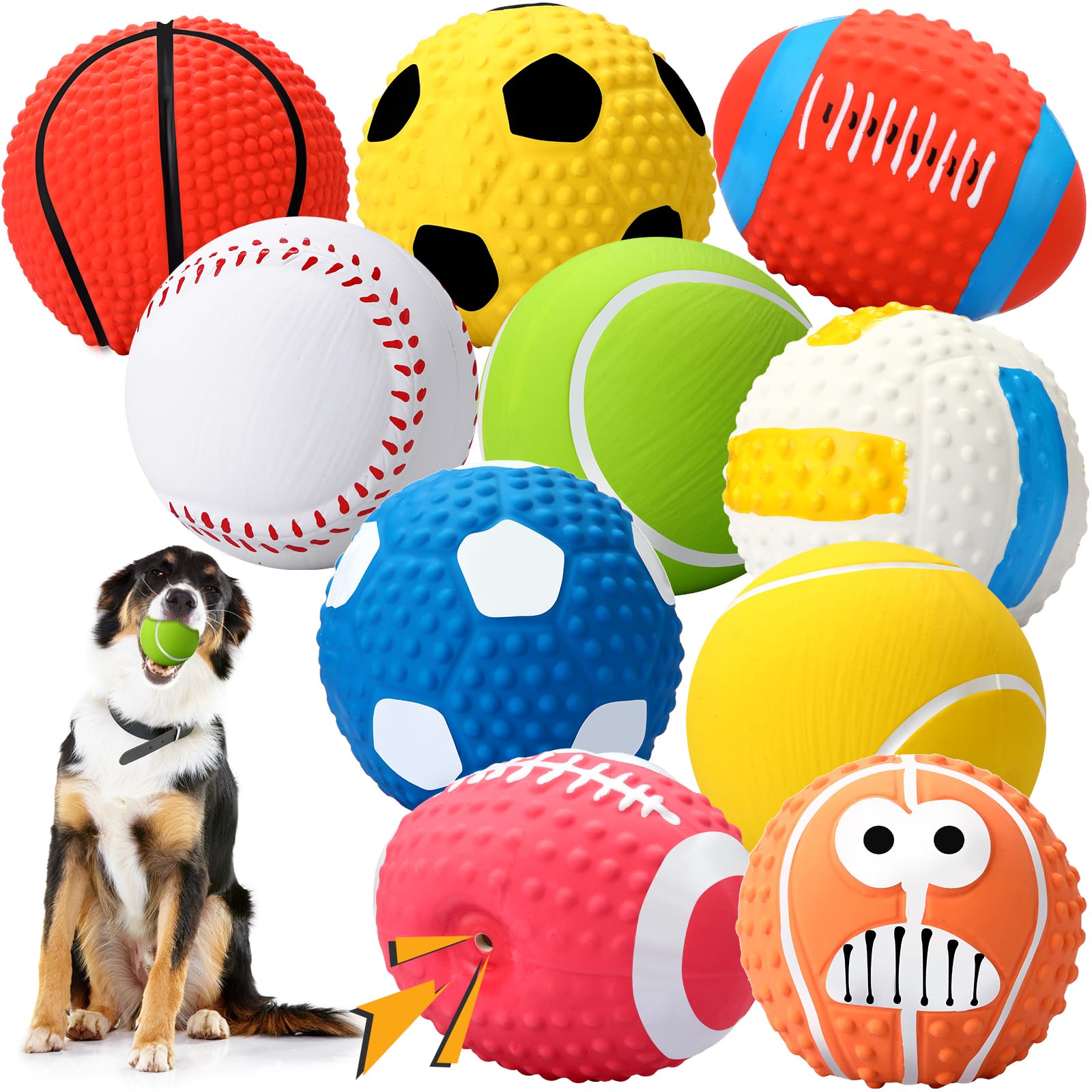 Gemscream 10 Pack 2. 4' Squeak Latex Puppy Dog Toy Ball Sports Balls Sets Interactive Rubber Squeak Dog Toys Rubber Soccer Voll