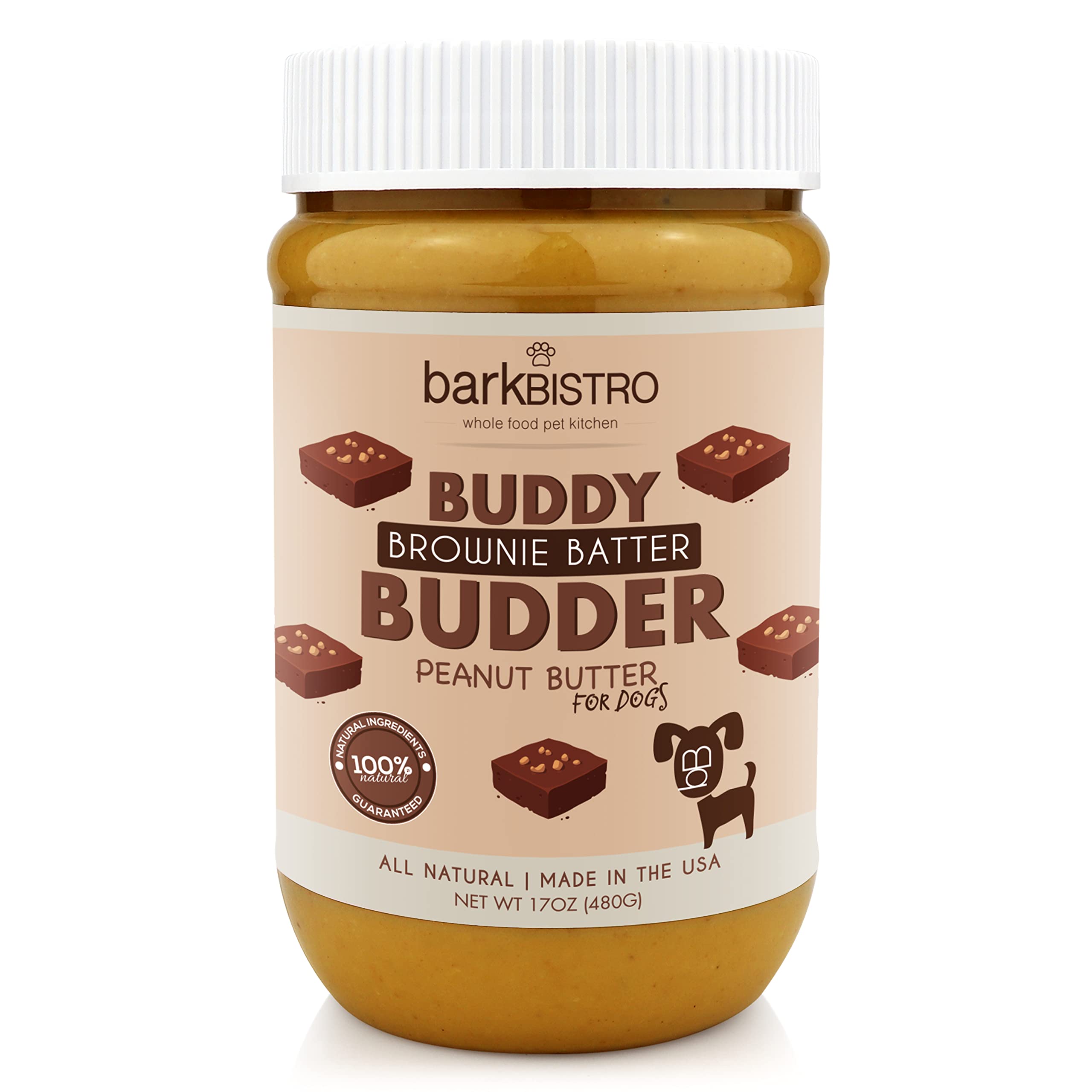 BUDDY BUDDER Brownie Batter, 100% Natural Peanut Butter, Healthy Dog Treats, Stuff in Toy, Pill Pocket, Made in USA, 17 oz Jars