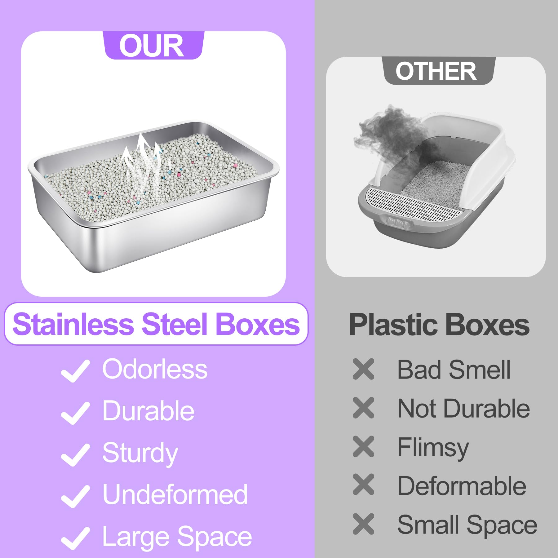 Phepetroll 3 Pack Stainless Steel Cat Litter Boxes 23.6''L X 15.7''W X 7.9''H Extra Large Metal Litter Boxes With High Sides Stu