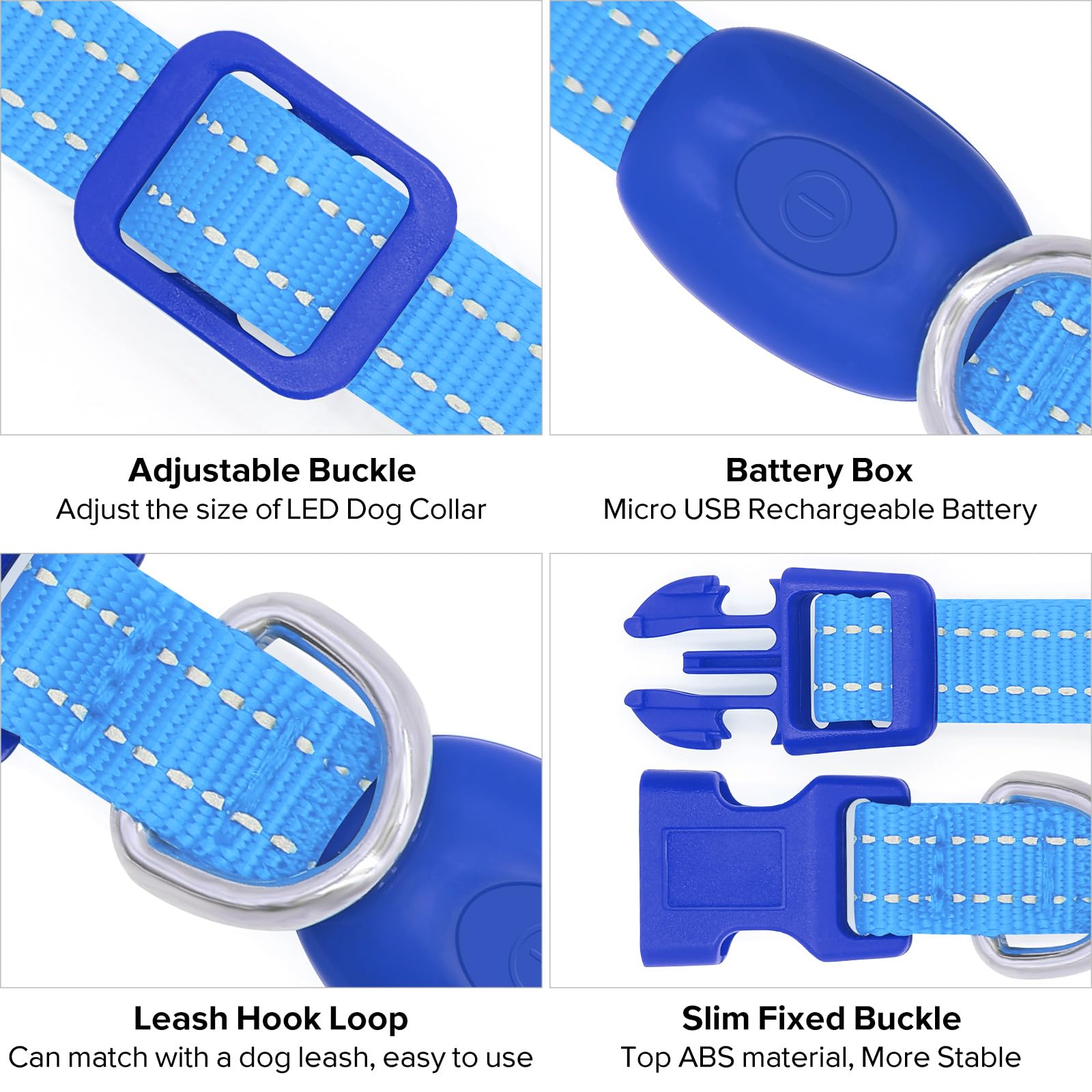 BSEEN LED Dog Collar - Rechargeable Reflective Glowing Collar for Puppies & Cats, Size L, Blue
