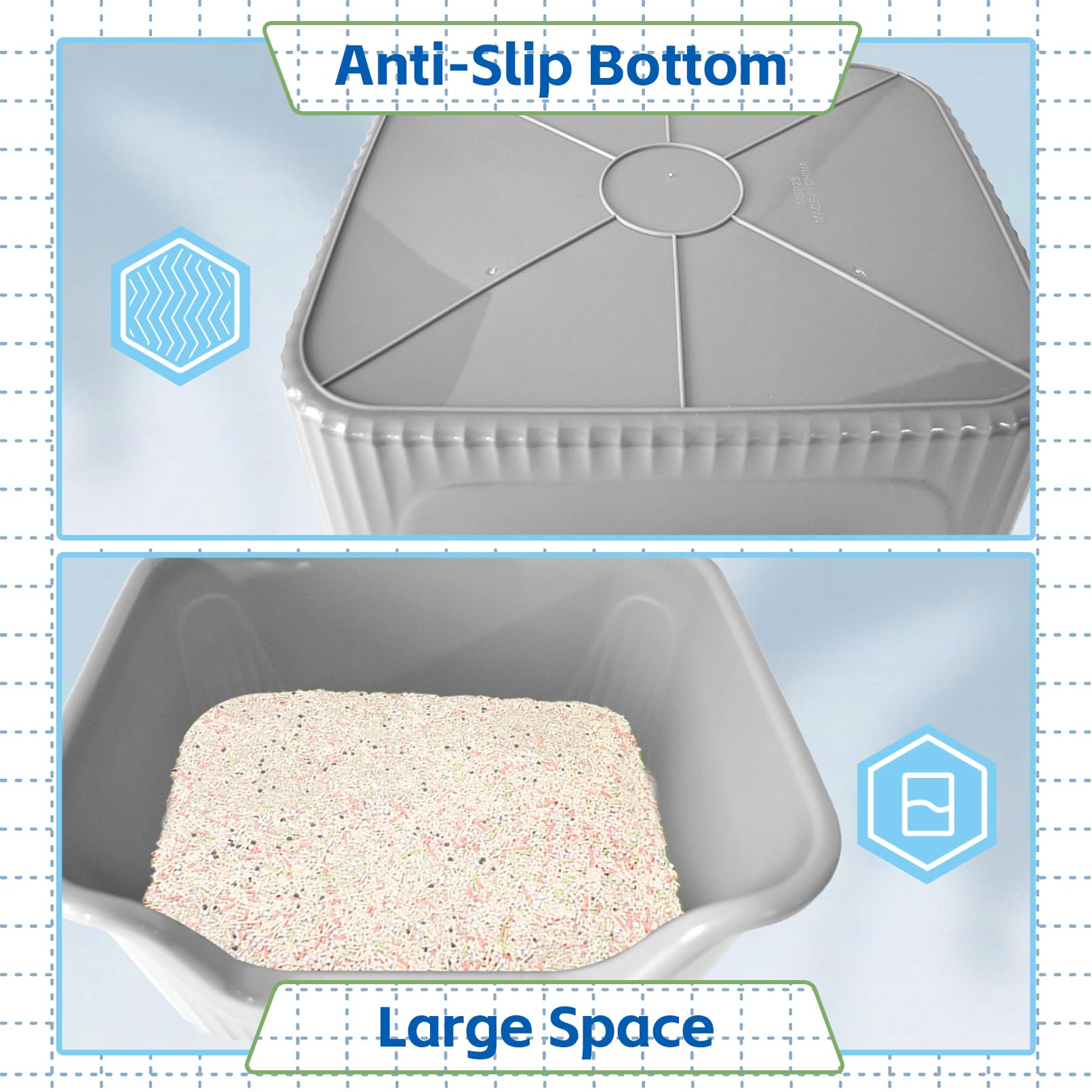 Muyg Extra Large Litter Box 21.45 X 16.14 X 10.43 Inches, Cat Box High Side One Piece Jumbo Litter Pan Anti Splashing Low Entry