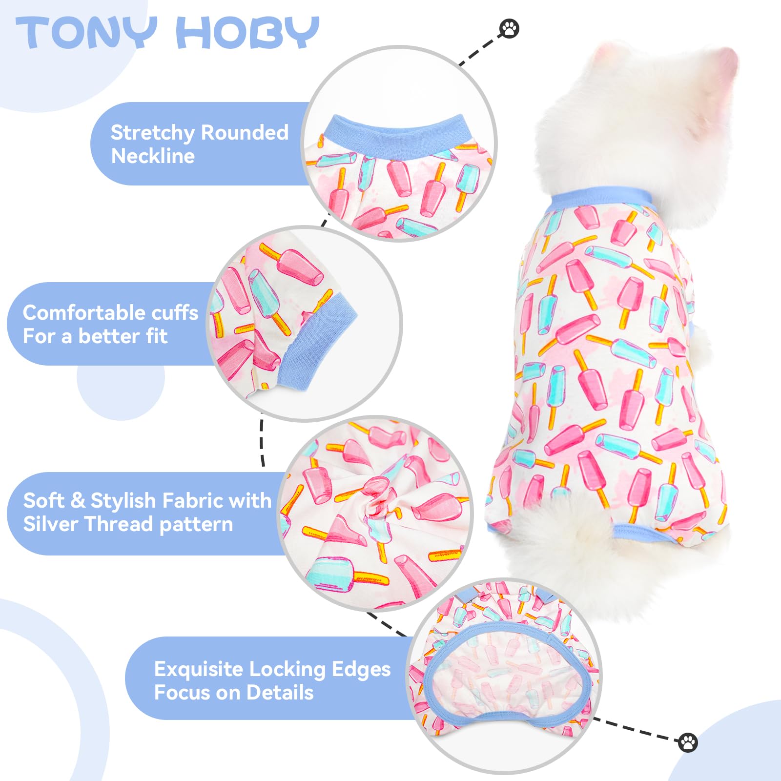 Tony Hoby Dog Pajamas, 4 Legged Dog Pajamas Shirt, Dogs Jumpsuit Clothes Soft Lightweight For Small Medium Dogs (Ice Cream, Xs)