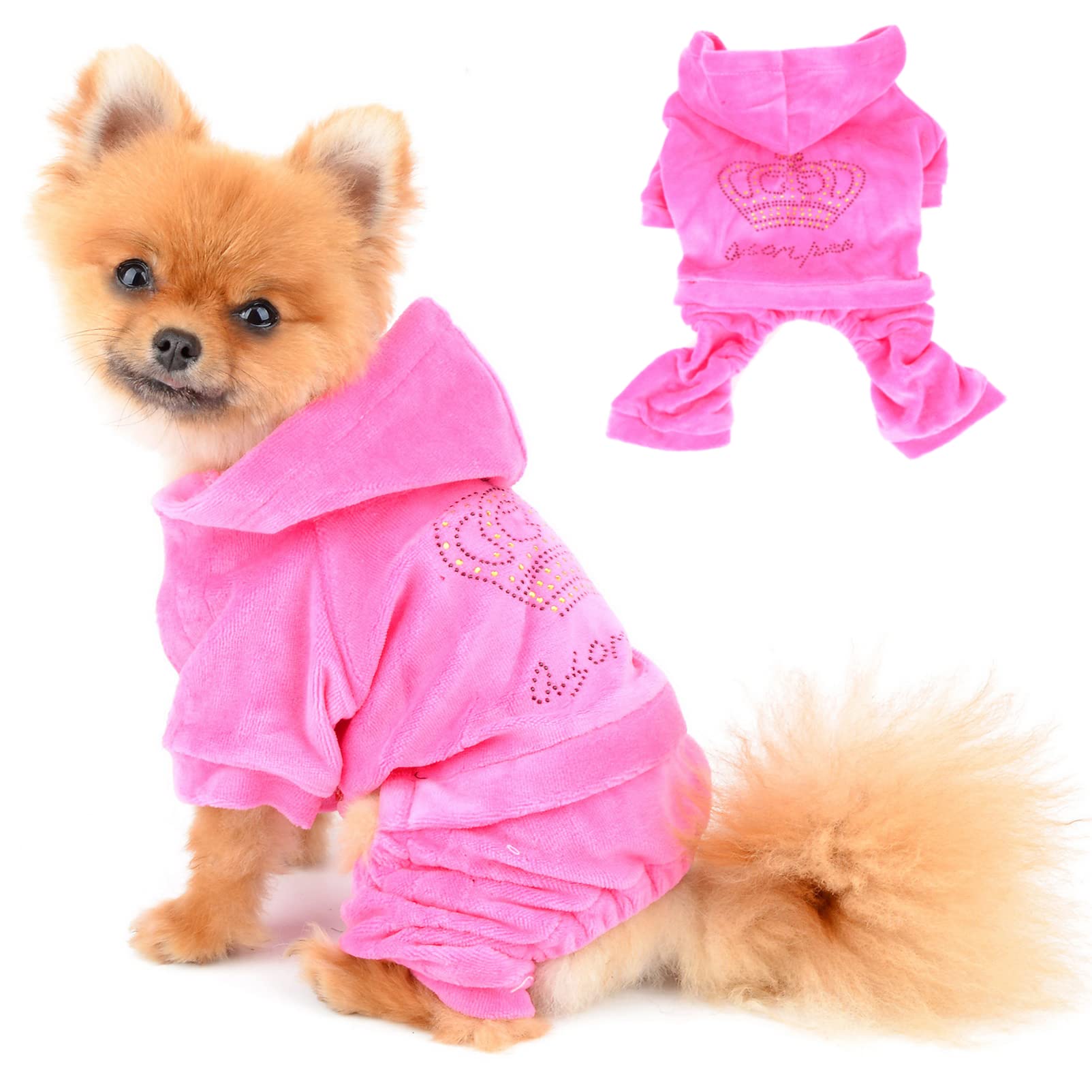 Seimai Dog Hoodies Jumpsuit For Small Dog Cat Puppy Rhinestone Crown Soft Velvet Autumn Winter Hooded Pajamas Tracksuit Outfits Sportswear Jacket With Hat Training Outdoor Pink S