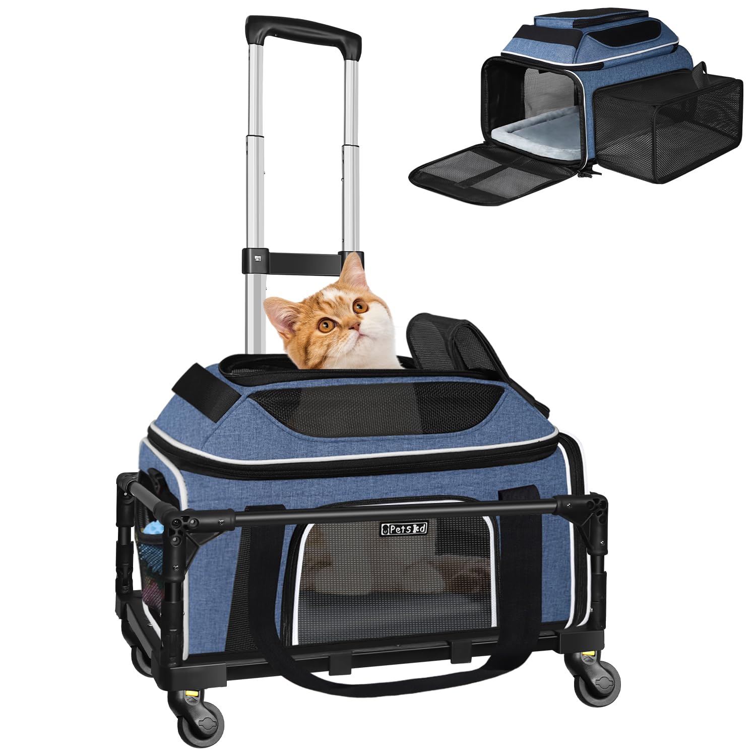 Petskd Top and Side Expandable Pet Carrier with Wheels 17x12x8.5 Inches JetBlue Frontier Spirit Airline Approved, Soft-Sided Car