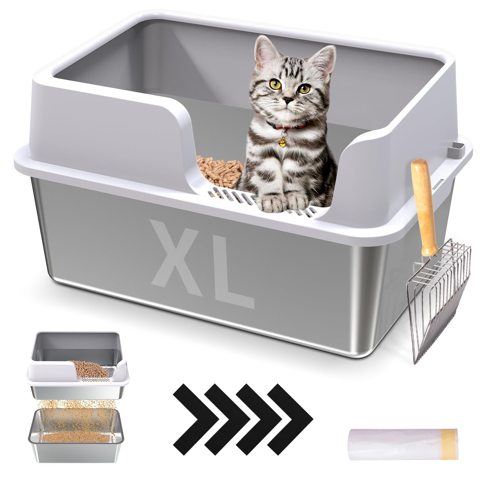 Xl Stainless Steel Sifting Cat Litter Box With Sifting Box & Bottom Pan, Sifting Cat Litter Pan High Side, No Mess, Nnti-Odor, E