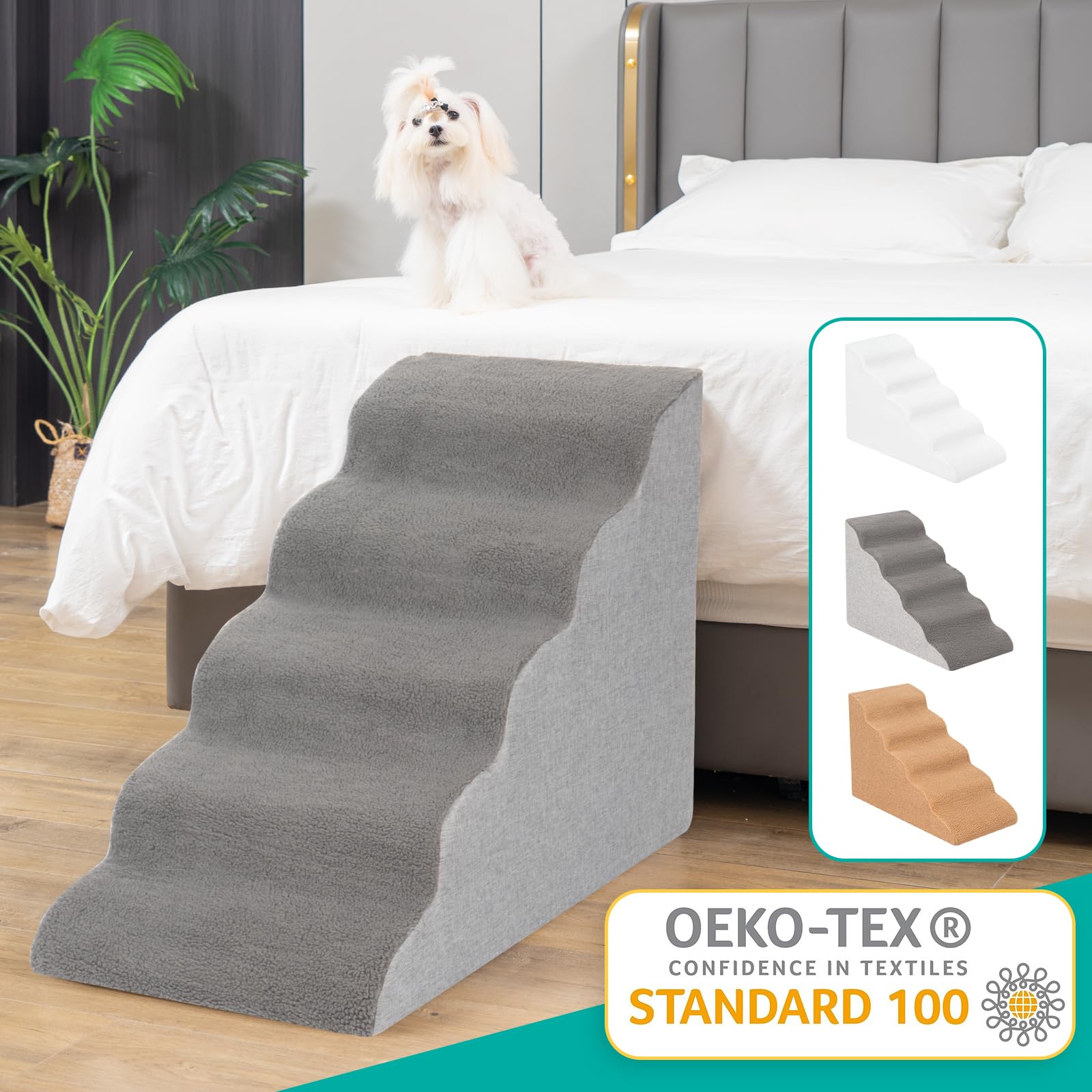 Uross Dog Stairs For Small Dogs - 5 Tier Steps & Ramps, High Density Foam Pet Steps, Gray