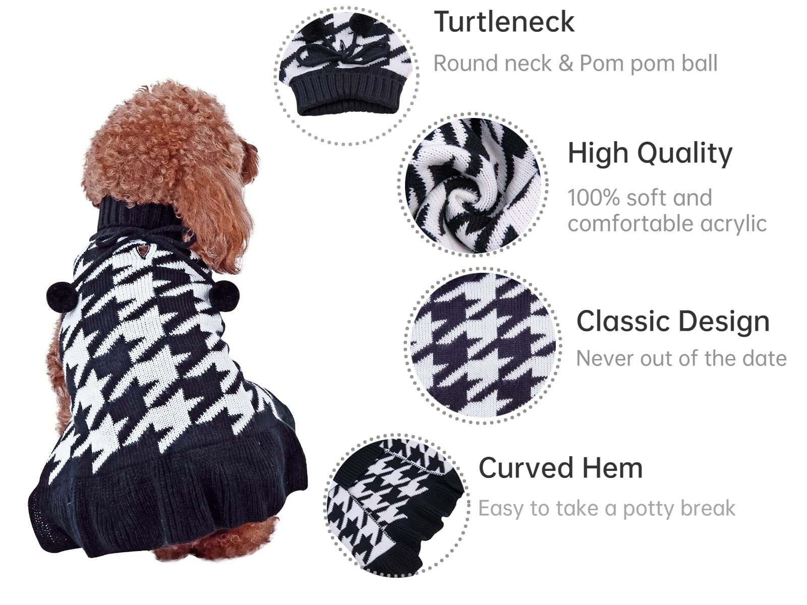 Cutebone Vintage Houndstooth Dog Sweater Dress Dog Turtleneck Pullover Knitwear Cold Weather Sweater With Leash Hole,Suitable Fo
