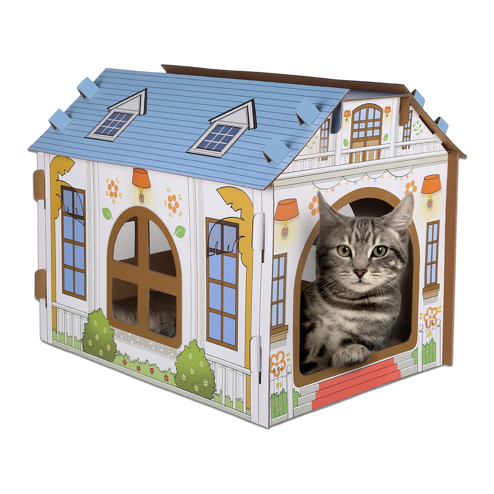 Sekam Cardboard Cat House With Scratcher/Catnip, (16.5''L X 12''W X 13''H) Cat Play House For Indoor Cats, Cat Scratching Toy, Cat Hideaway Furniture For Cat Birthday, Hideout For Bunny Small Animals