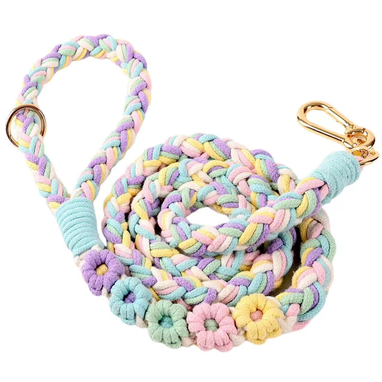Handmade 5Ft Braided Cotton Dog Leash With Unique Floral Handle, Durable And Stylish, Ideal For Small To Large Dogs, Rainbow Col