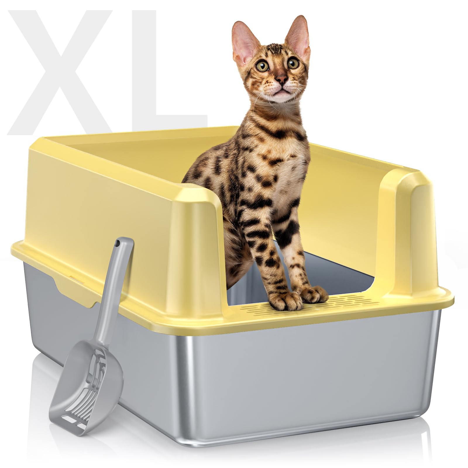 Stainless Steel Litter Box With High Side, Xxl Extra Large Cat Litter Box For Big Cats & Multiple Cats, Non-Sticky, No Urine Lea