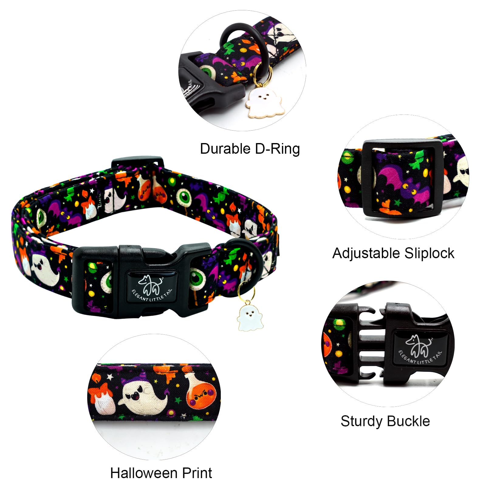 Elegant Little Tail Halloween Dog Collar, Ghosts Print Fall Male Cute Puppy Adjustable Cotton Pet Collar With Quick Release Buck