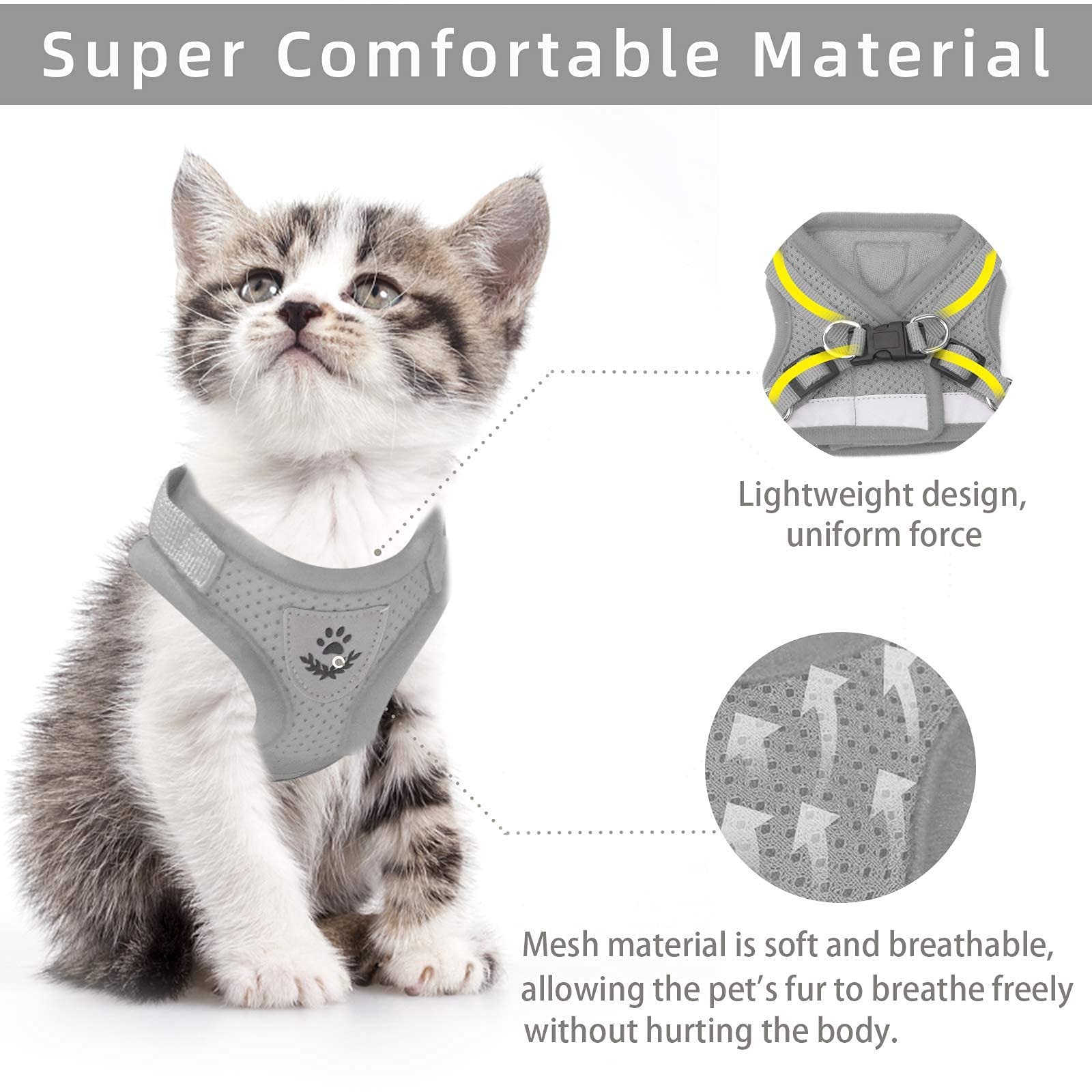 Ncmama Gray X-Small Adjustable Breathable Reflective Harness For Small Cats And Dogs