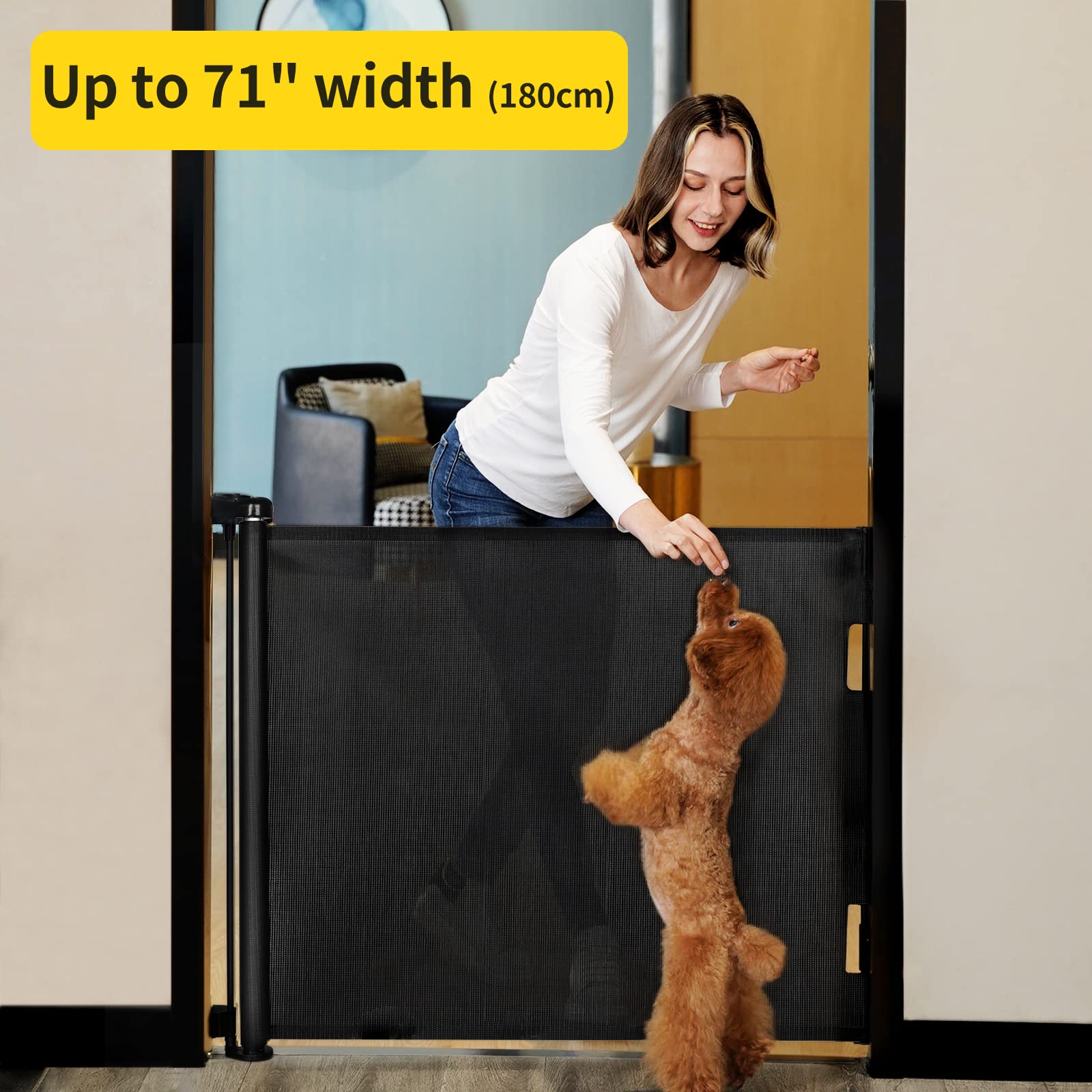 dearlomum Retractable Baby Gate,Mesh Baby Gate or Mesh Dog Gate,33'' Tall,Extends up to 71'' Wide,Child Safety Gate for Doorways