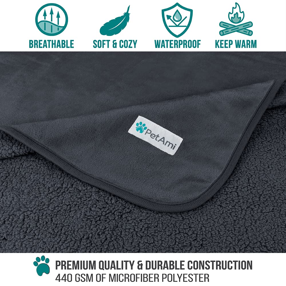 Petami Waterproof Dog Blanket For Small Medium Dogs, Pee Proof Pet Blanket Sherpa Fleece Couch Cover, Reversible Cat Throw Bed Sofa Protector, Soft Plush Washable Pad (Medium 29X40, Dark Gray)