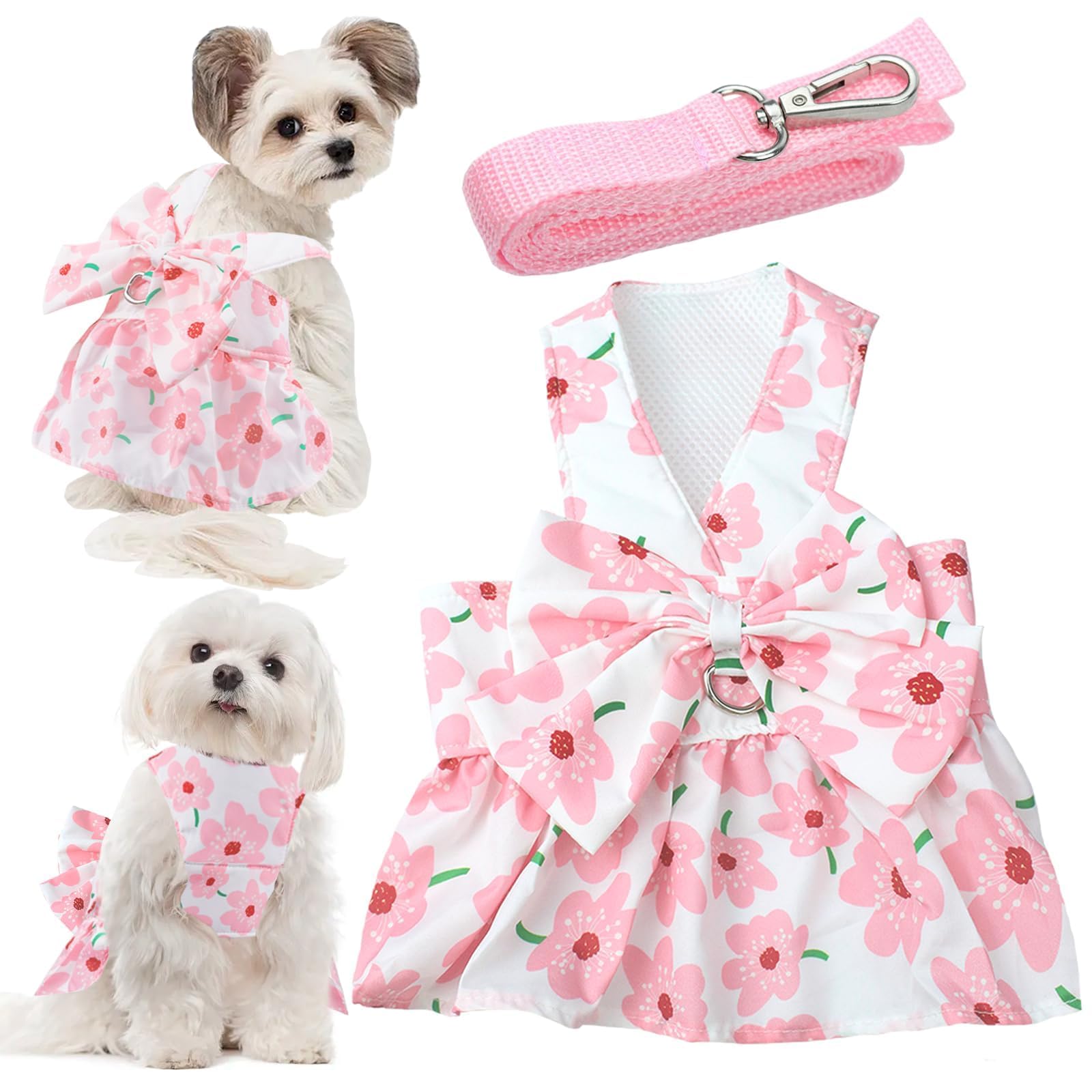Dog Dress Bowknot Harness Leash Set For Small Girl Dogs Pink Floral Dog Cat Clothes Cute Puppy Outfits Pet Clothes Spring Summer