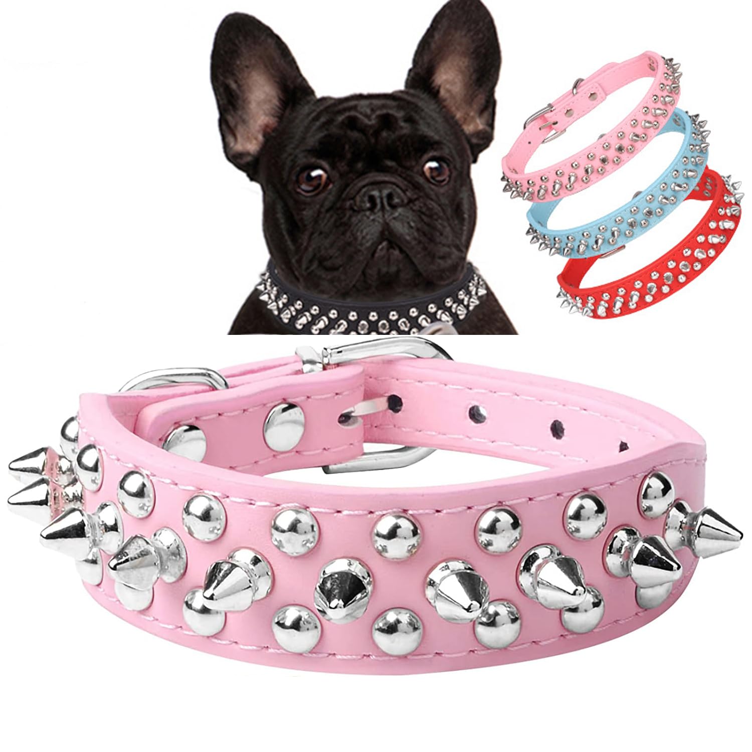 Serijoars Spiked Dog Collar Soft Pu Leather Mushrooms Rivet Spike Studded Dog Collar Adjustable Puppy Collars (S, Pink)