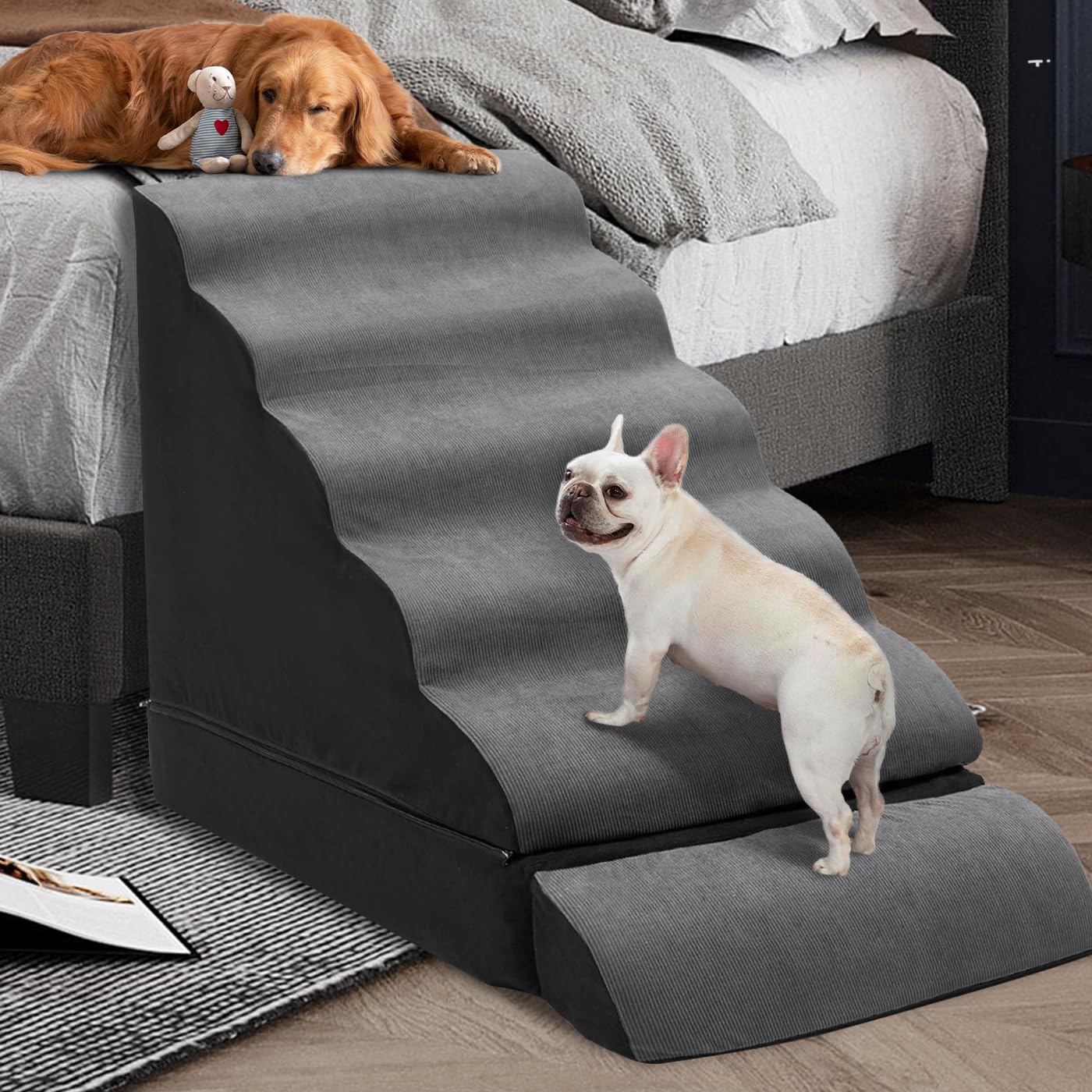 Dog Stairs/Steps for High Beds up to 30-36 inches, A.FATI 6 Step Foam Pet Steps for Small Dogs/Old Pets, 30 H Non-Slip Dog Ramp 