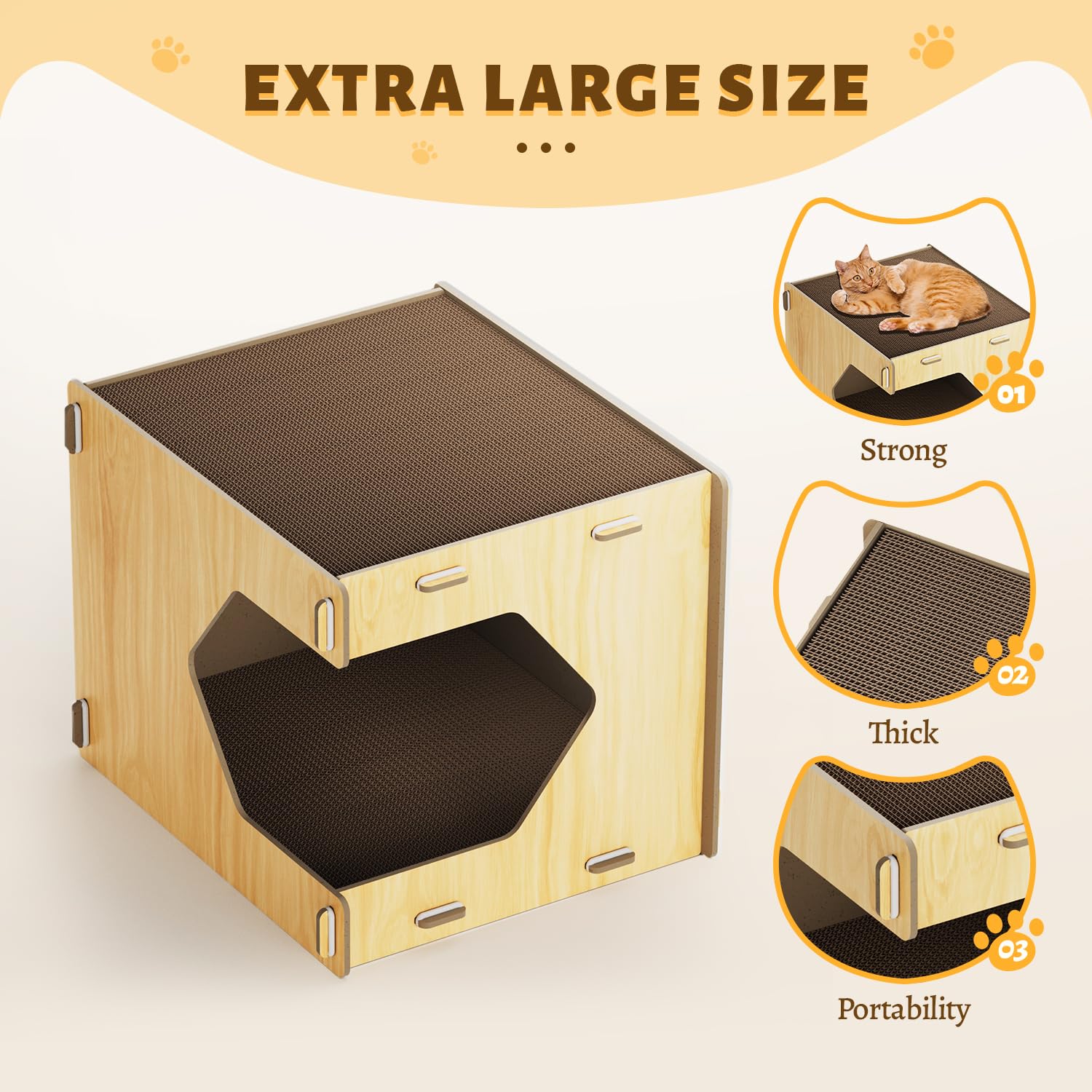 Adolug Wooden Cat House Corrugated Cat Scratch Board, Removable Scratching Pad With Buckle Design, Durable, Easy To Clean, No Od