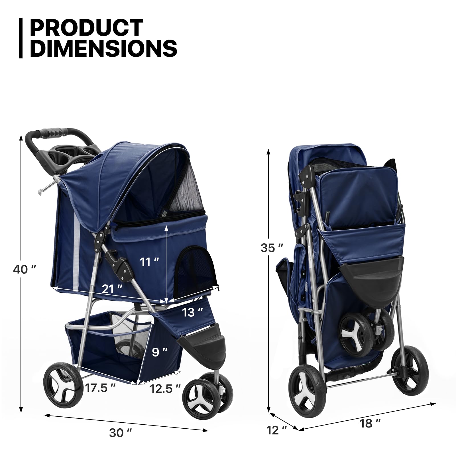 MoNiBloom Pet Stroller, Foldable Dog/Cat Jogger with Weather Cover, Storage Basket, Mesh, 13"x29"x40", Navy Blue, Model A78-PS-001-N