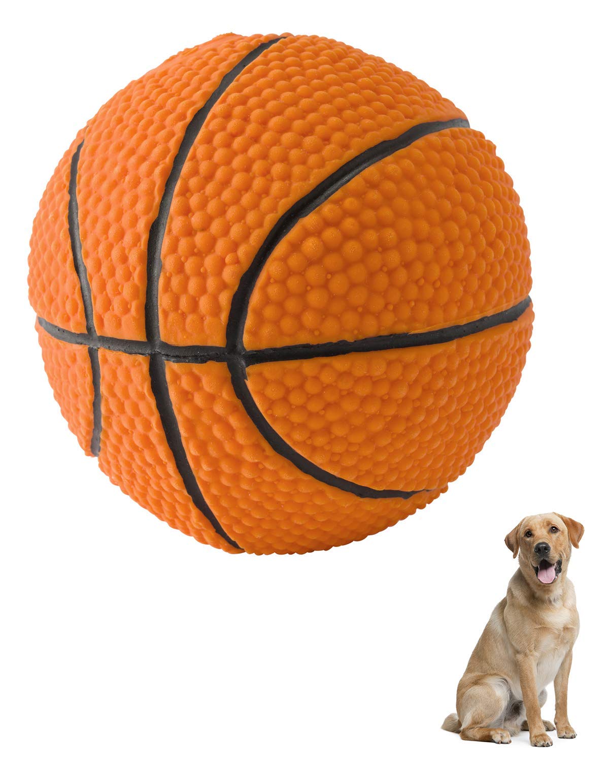 Basketball - Soft, Squeaky Dog Toy - Natural Rubber (Latex) - For Medium & Large Breeds - 3.5' Diameter - Bouncy - Free From Harmful Chemicals- Handpainted - Indoor Play