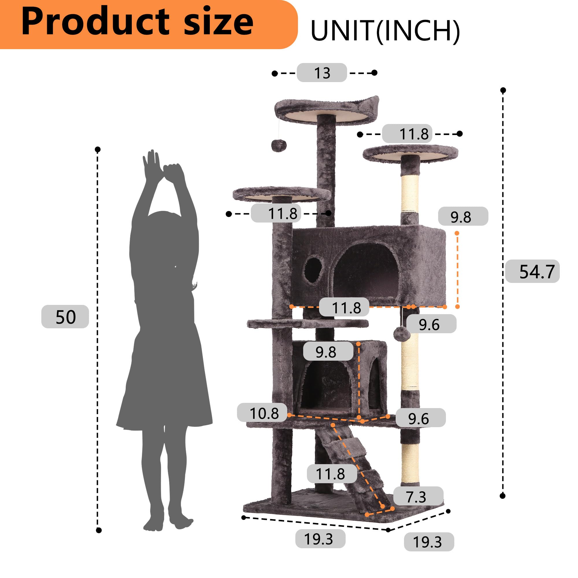 BestPet | 54 Cat Tree Tower | Purple Gray | Sturdy, Easy to Assemble, Multi-Level Activity Center with Sisal Scratching Posts, C