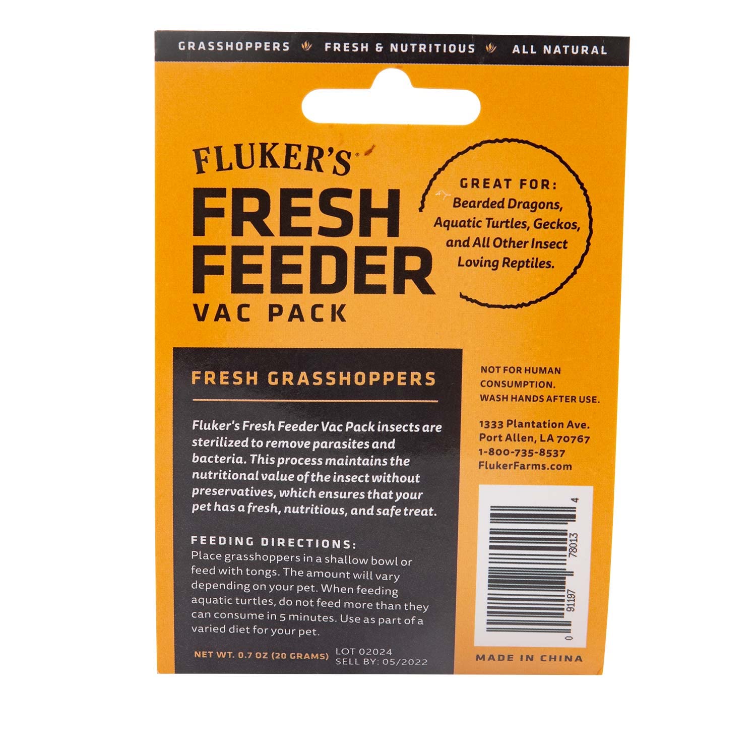 Flukers Fresh Feeder Vac Pack Grasshoppers, All Natural and Preservative Free, Great for Insect Eating Reptiles, Birds, or Smal