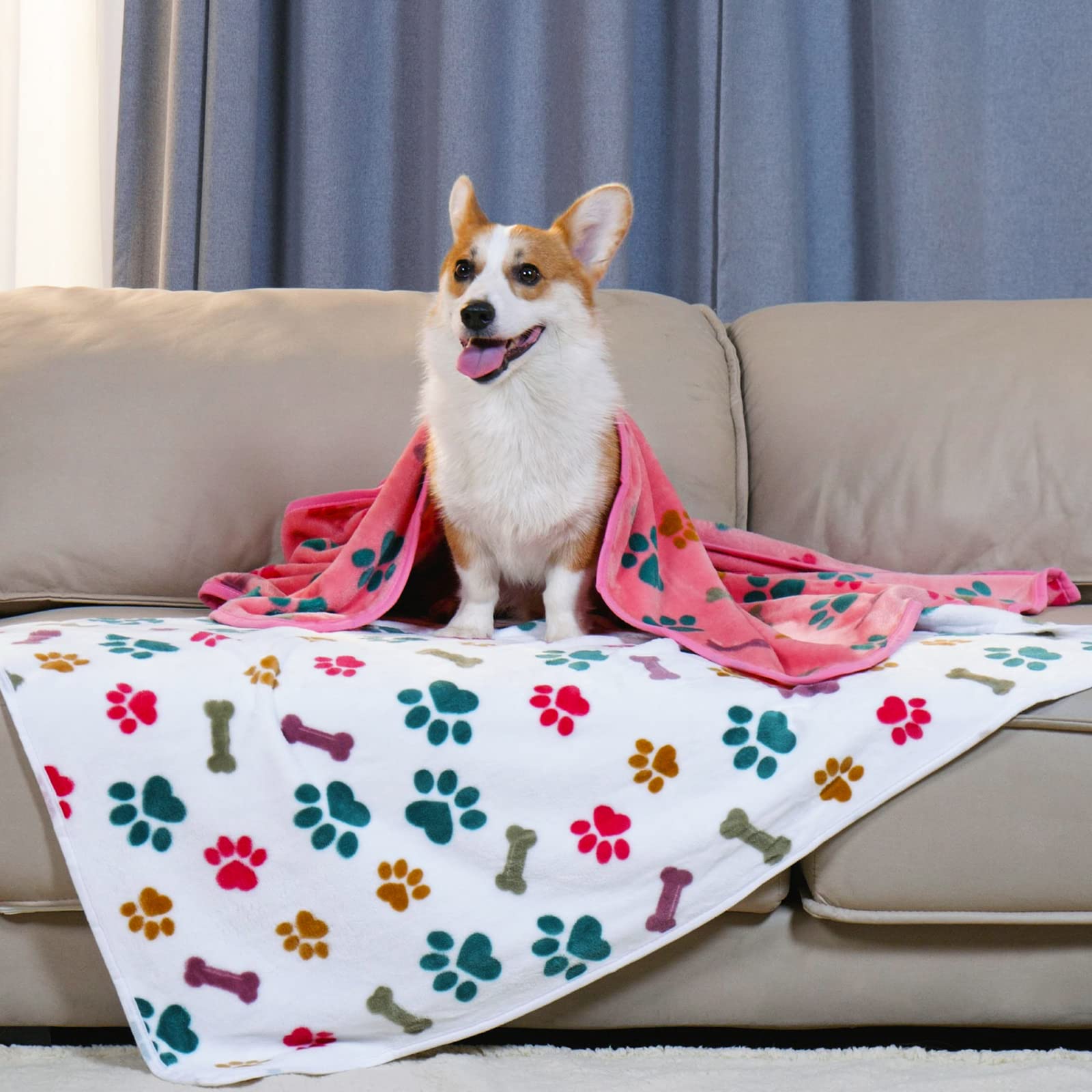 Luciphia 1 Pack 3 Blankets Fluffy Premium Fleece Pet Blanket Flannel Paw Bone Printed Throw For Dog Cat(Large 41X31'', Purple/Pink/White)