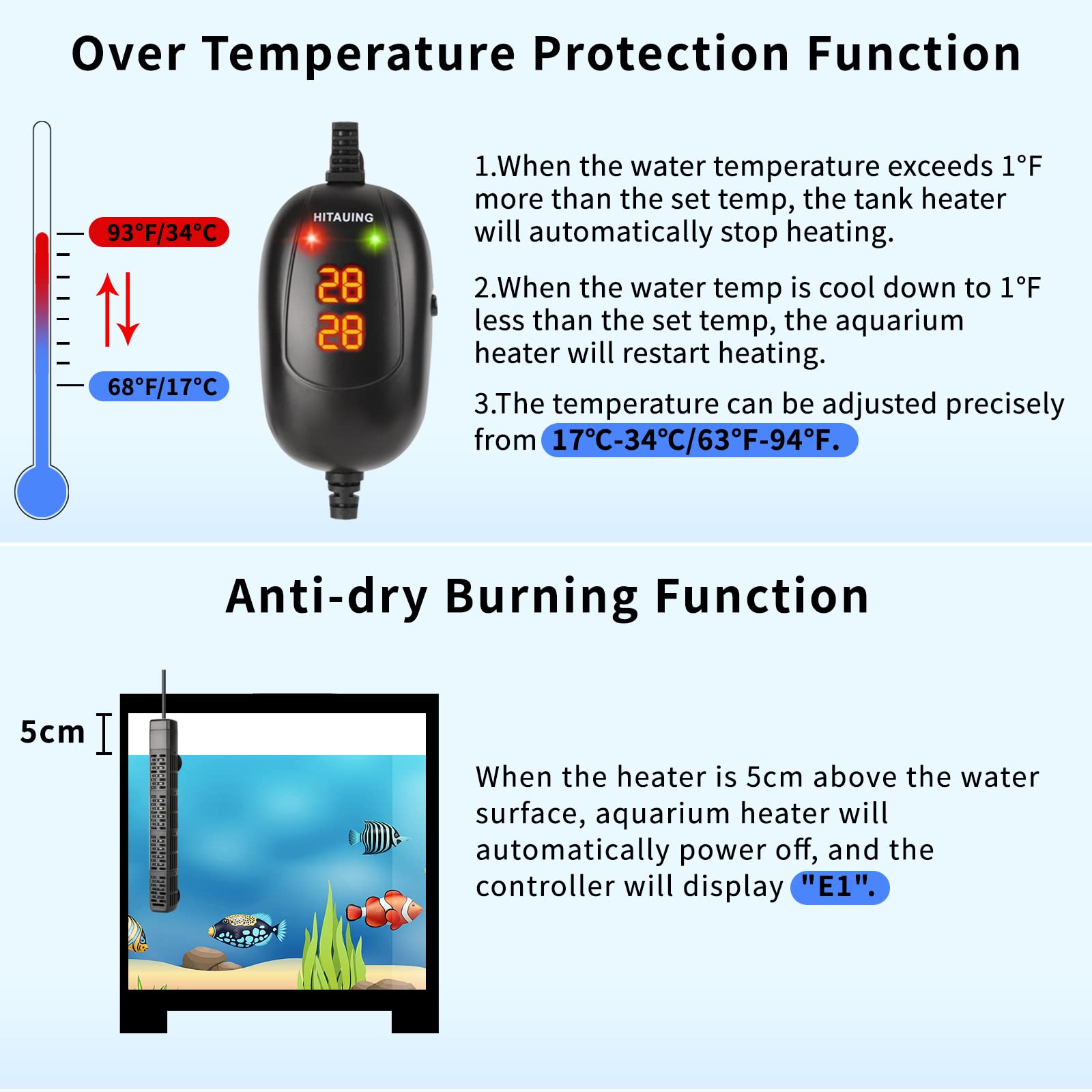 Hitauing Aquarium Heater, 50W/100W/200W/300W/500W Submersible Fish Tank Heater With Over-Temperature Protection And Automatic Po