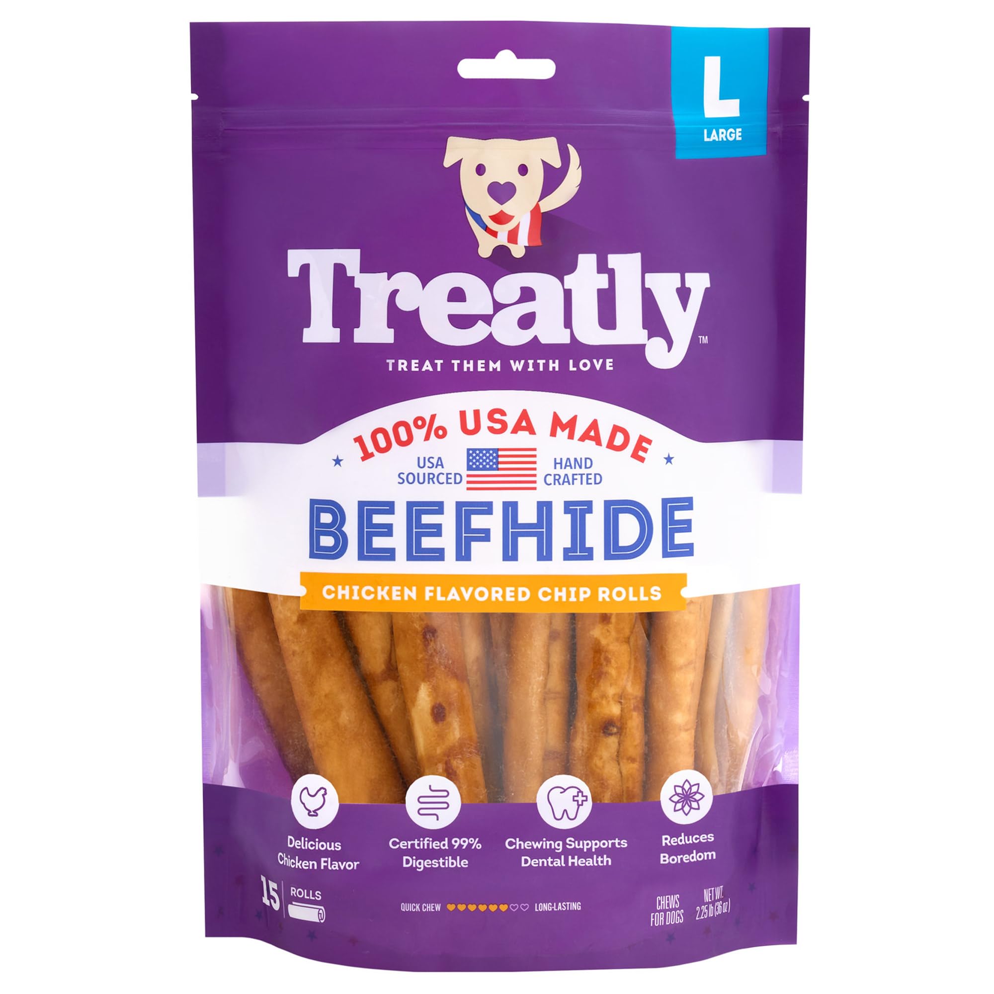 Treatly USA Beefhide Rolls 8-9 Dog Chew Treats - Chicken Flavor, 15 Count/1 Pack