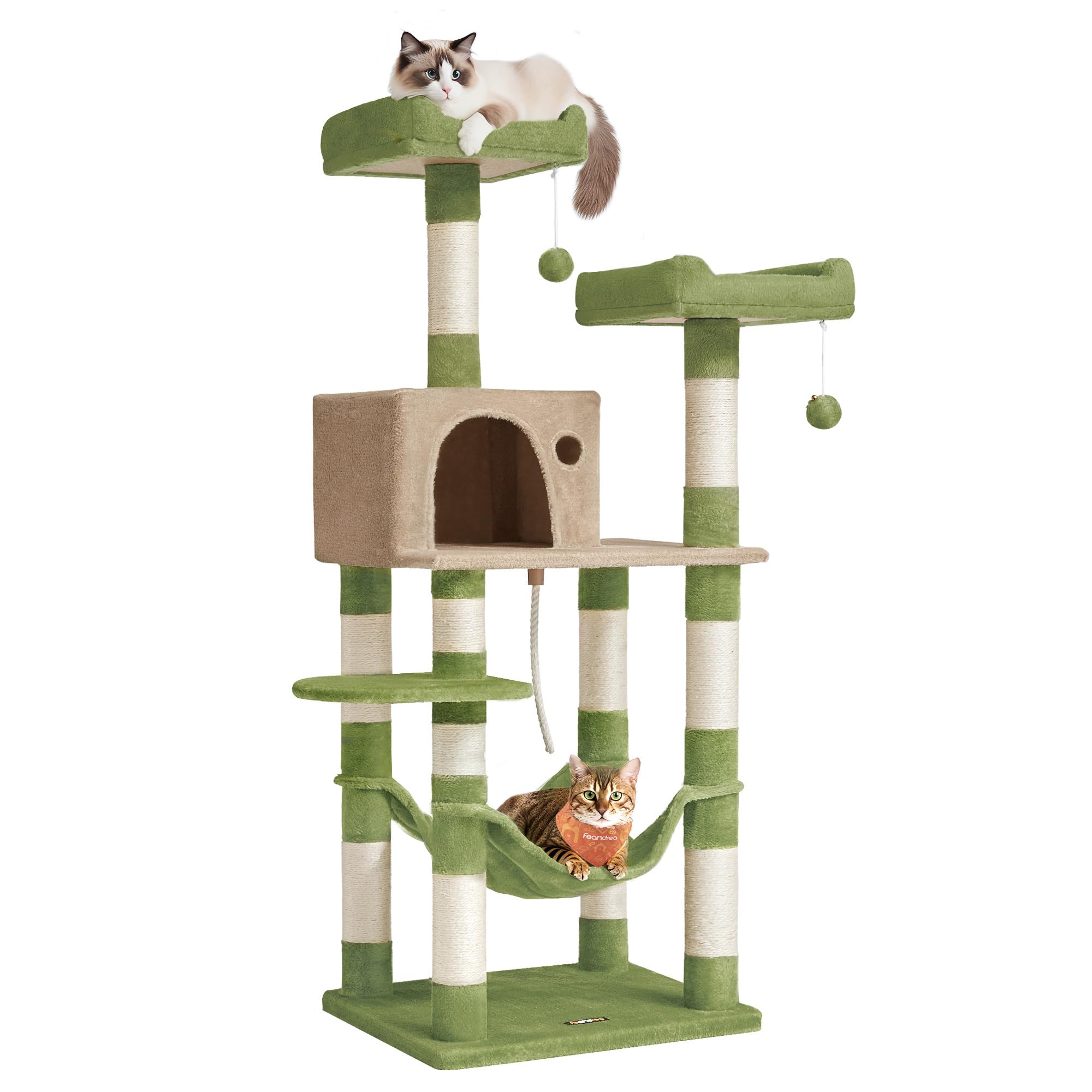 Feandrea Cat Tree, 55.8-Inch Cat Tower, Multi-Level Plush Condo with 11 Scratching Posts, 2 Perches, Hammock, Cave, Grass Green 