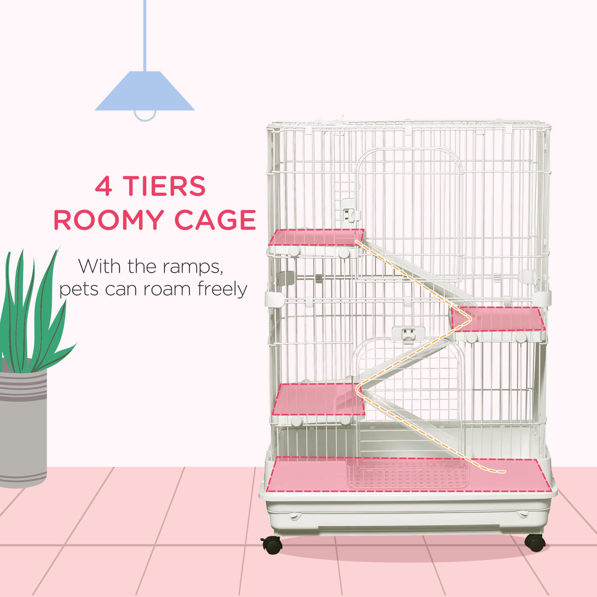 Pawhut 4-Level Small Animal Cage Rabbit Hutch With Wheels, Removable Tray, Platform And Ramp For Bunny, Chinchillas, Ferret, Whi