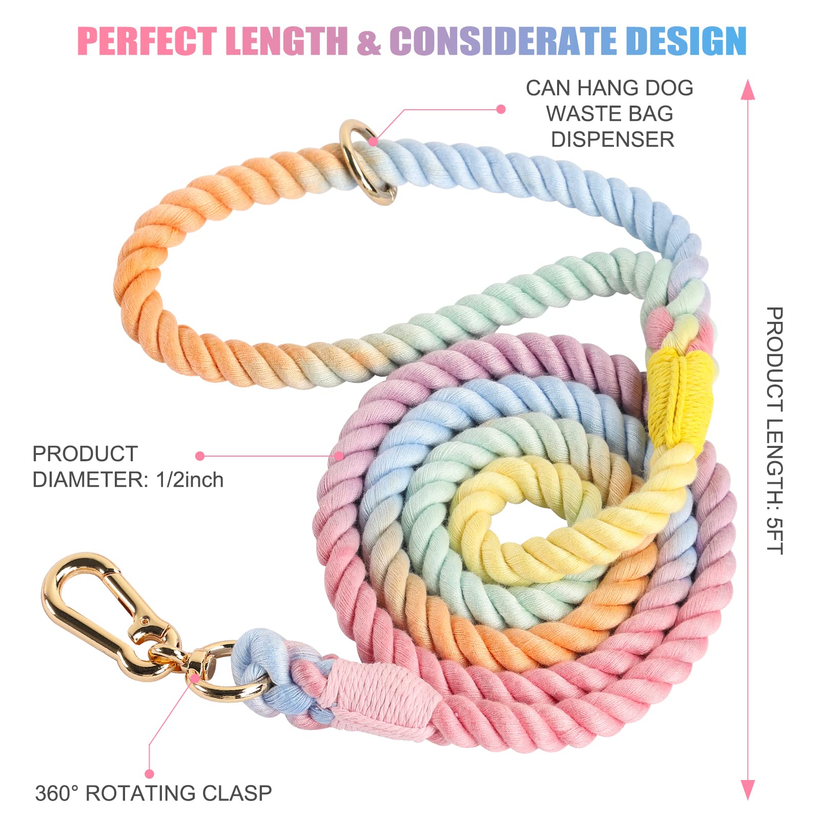 Nugutic Rope Dog Leash Handmade Braided Cotton Rope Leashes With Heavy Duty Metal Clasp, Cute Dog Leash, Wedding Dog Leash (Colorful Macaron, 5 Ft)